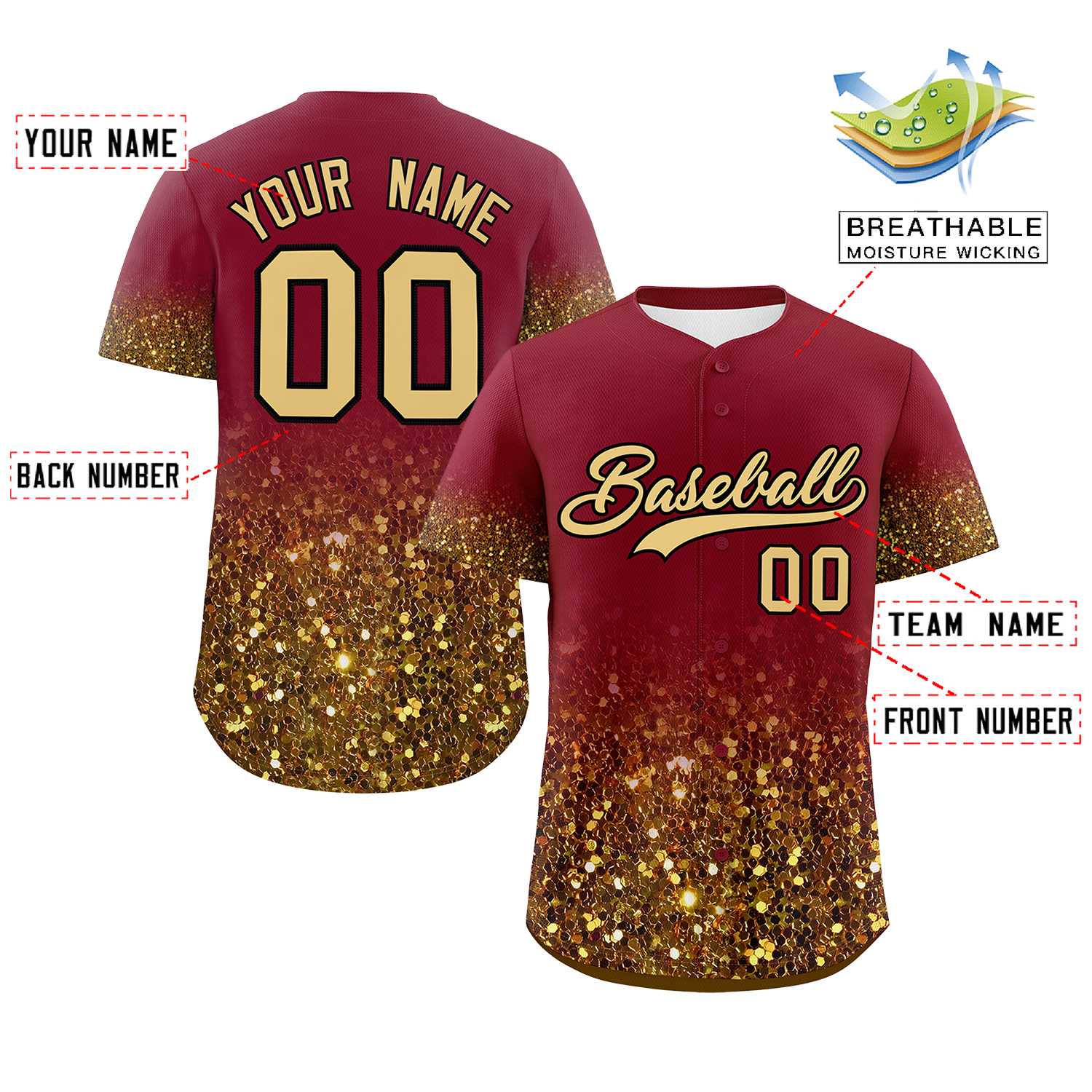 Custom Crimson Old Gold Sequins Pattern Gradient Fashion Authentic Baseball Jersey