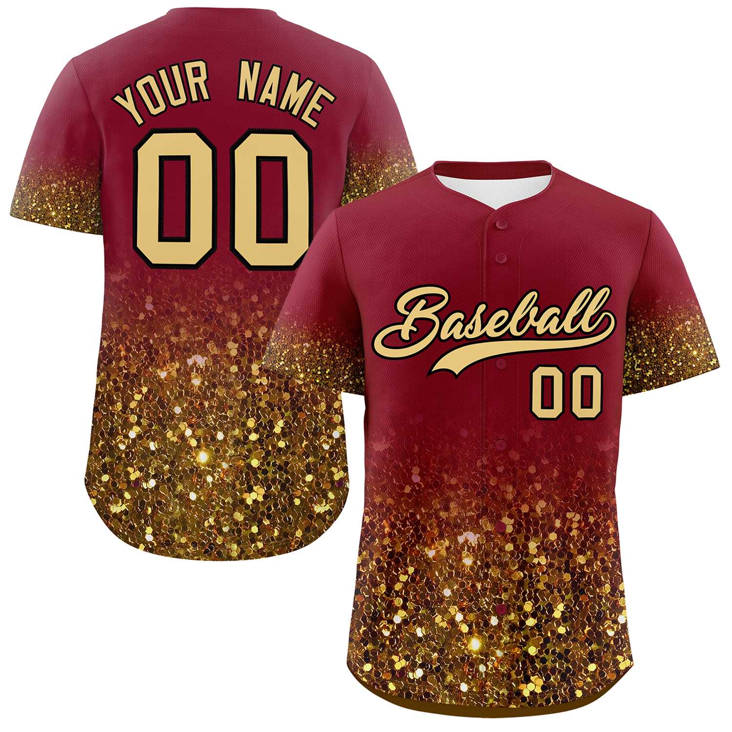 Custom Crimson Old Gold Sequins Pattern Gradient Fashion Authentic Baseball Jersey