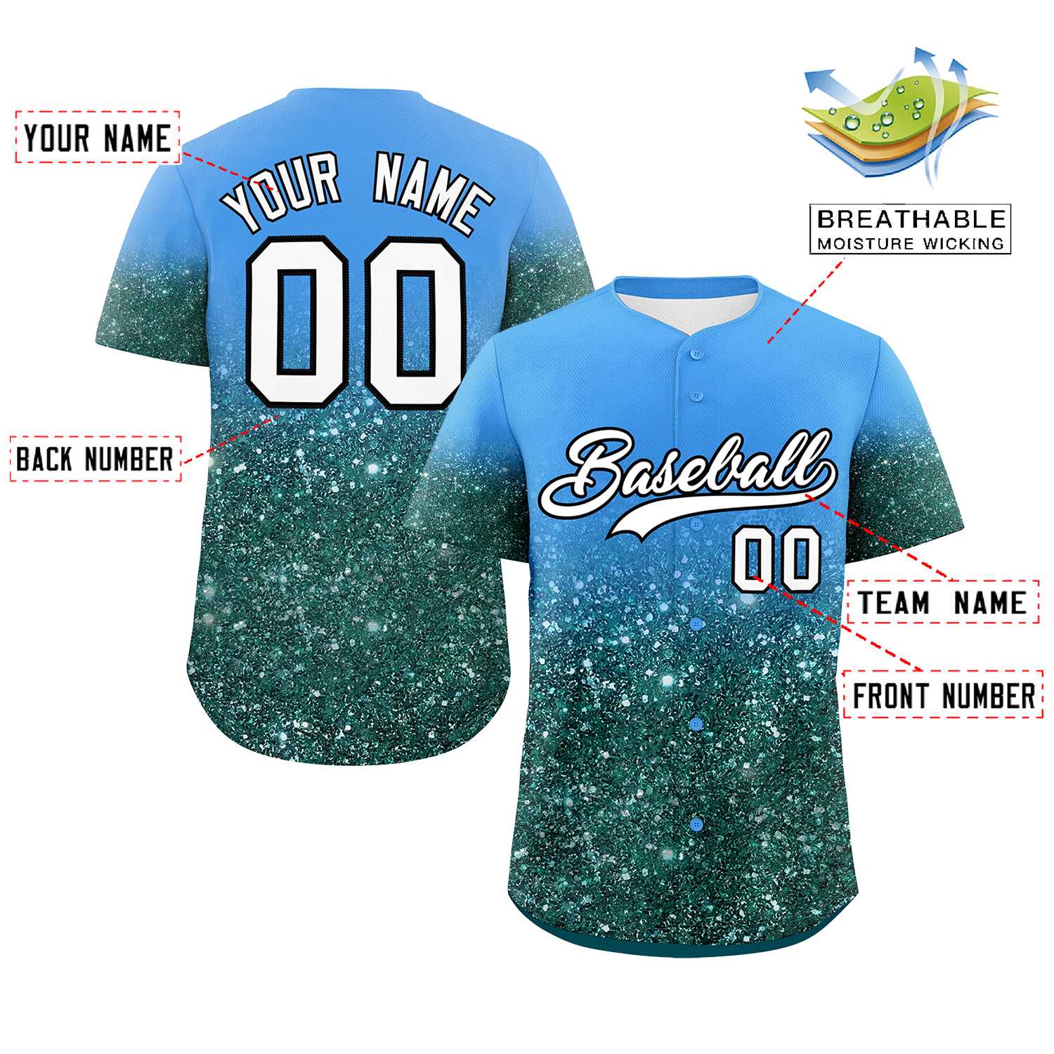 Custom Powder Blue White Sequins Pattern Gradient Fashion Authentic Baseball Jersey