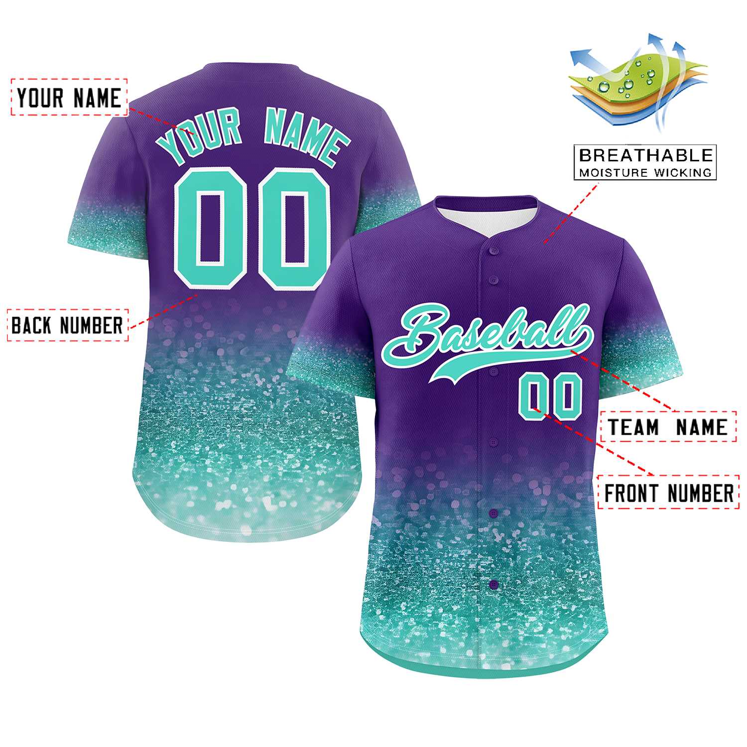 Custom Purple Aqua Sequins Pattern Gradient Fashion Authentic Baseball Jersey