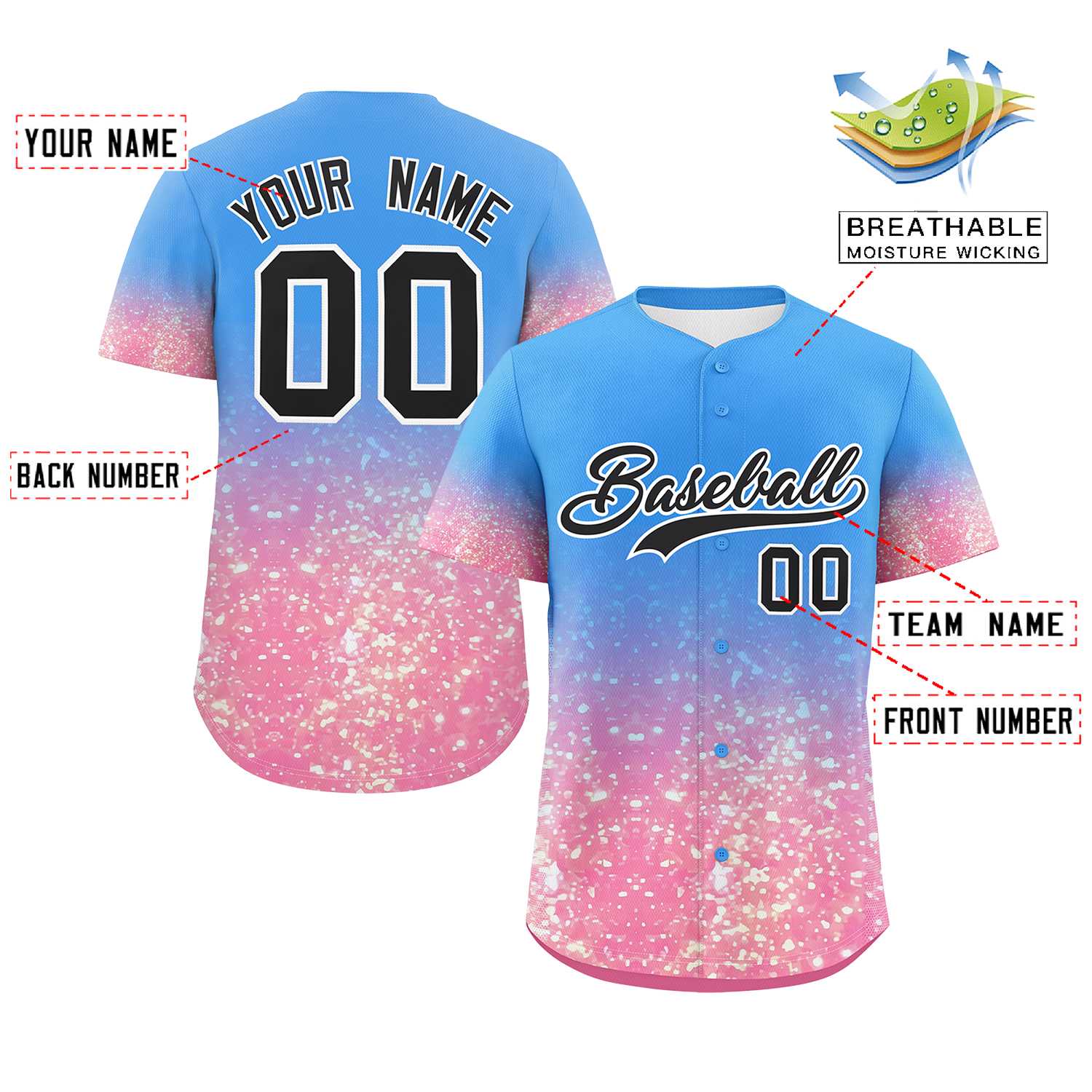 Custom Powder Blue Black Sequins Pattern Gradient Fashion Authentic Baseball Jersey