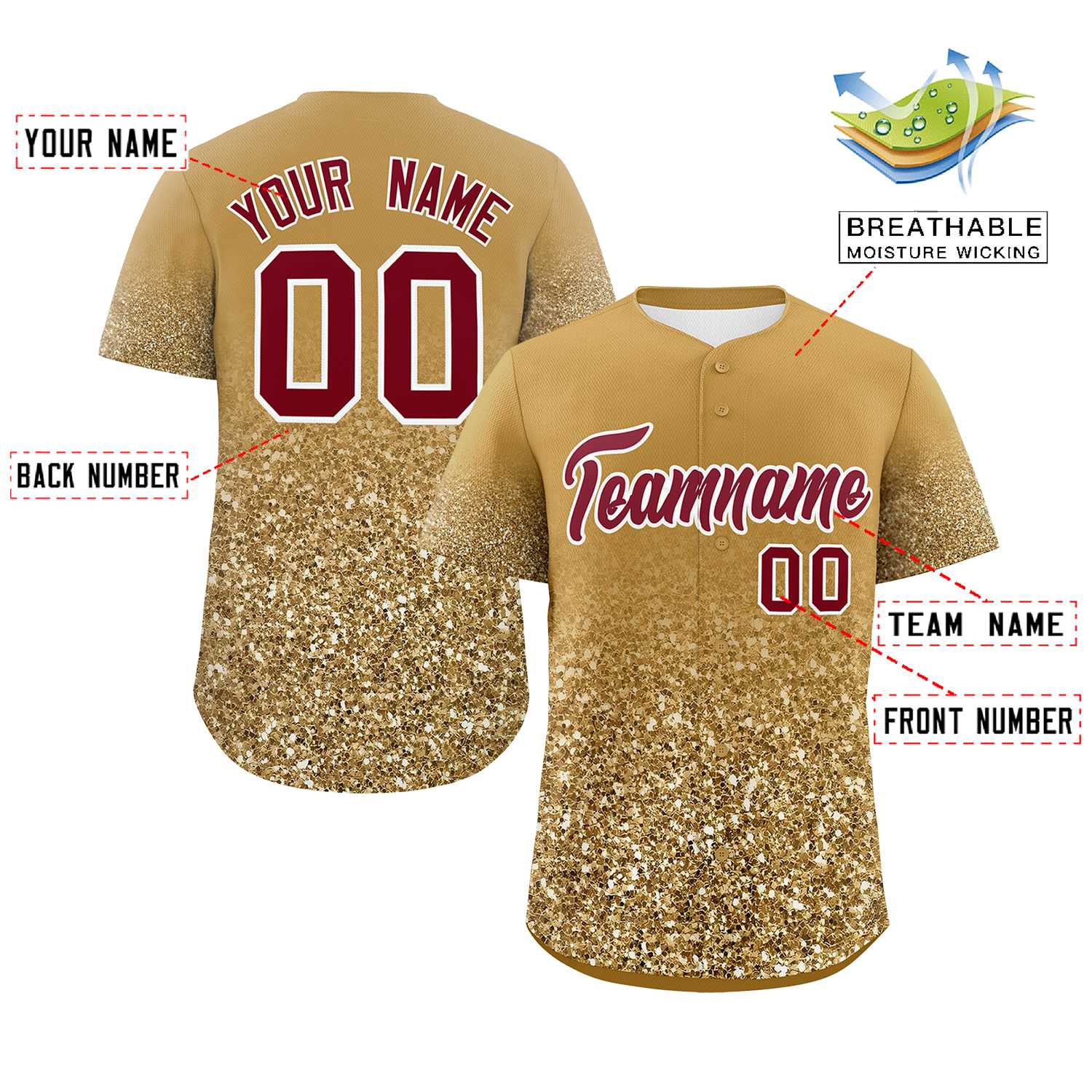 Custom Old Gold Crimson Sequins Pattern Gradient Fashion Authentic Baseball Jersey