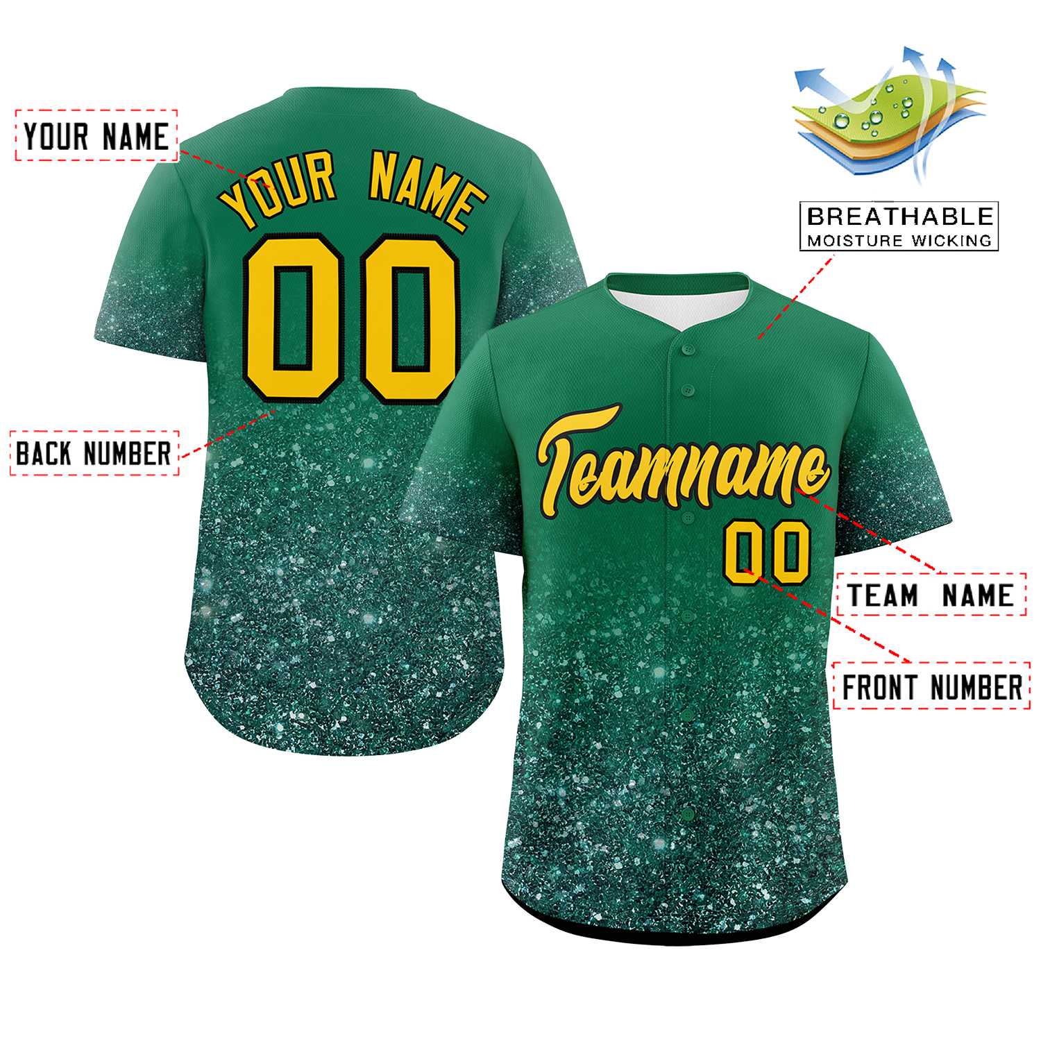 Custom Teal Gold Sequins Pattern Gradient Fashion Authentic Baseball Jersey