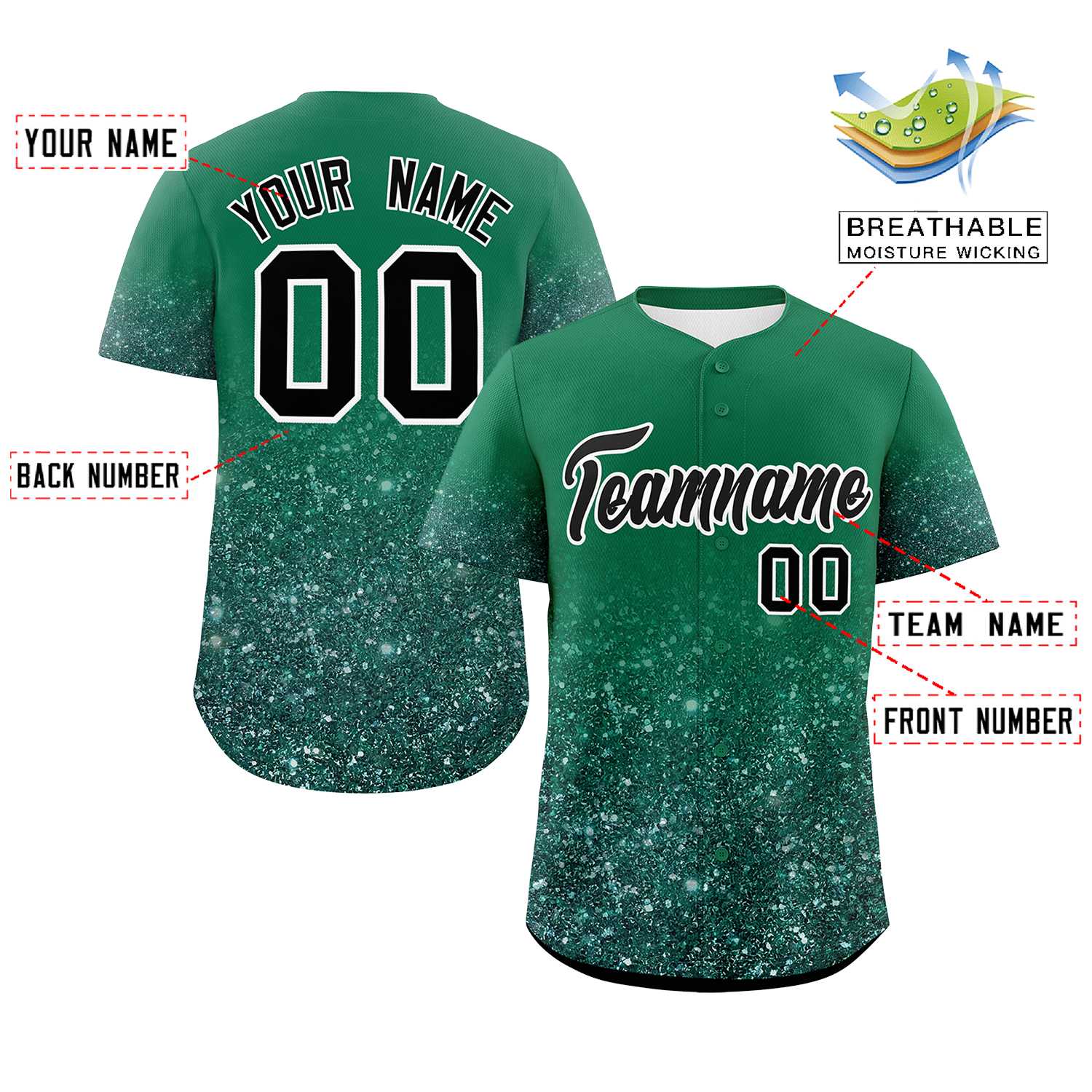 Custom Kelly Green Black Sequins Pattern Gradient Fashion Authentic Baseball Jersey