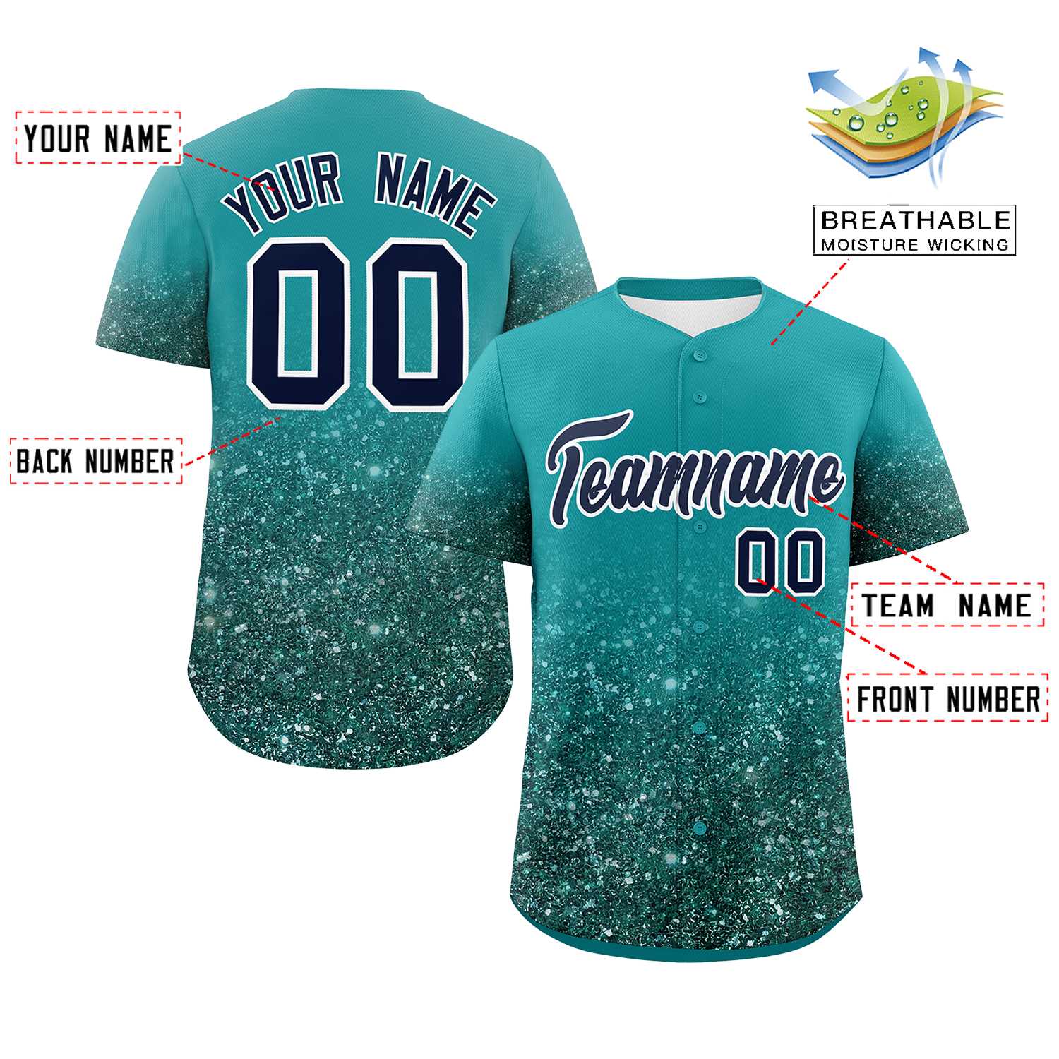 Custom Aqua Black Sequins Pattern Gradient Fashion Authentic Baseball Jersey