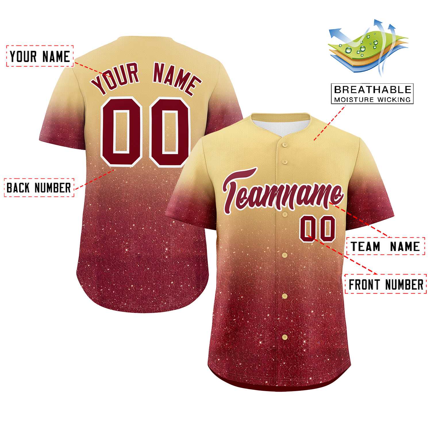 Custom Khaki Crimson Sequins Pattern Gradient Fashion Authentic Baseball Jersey