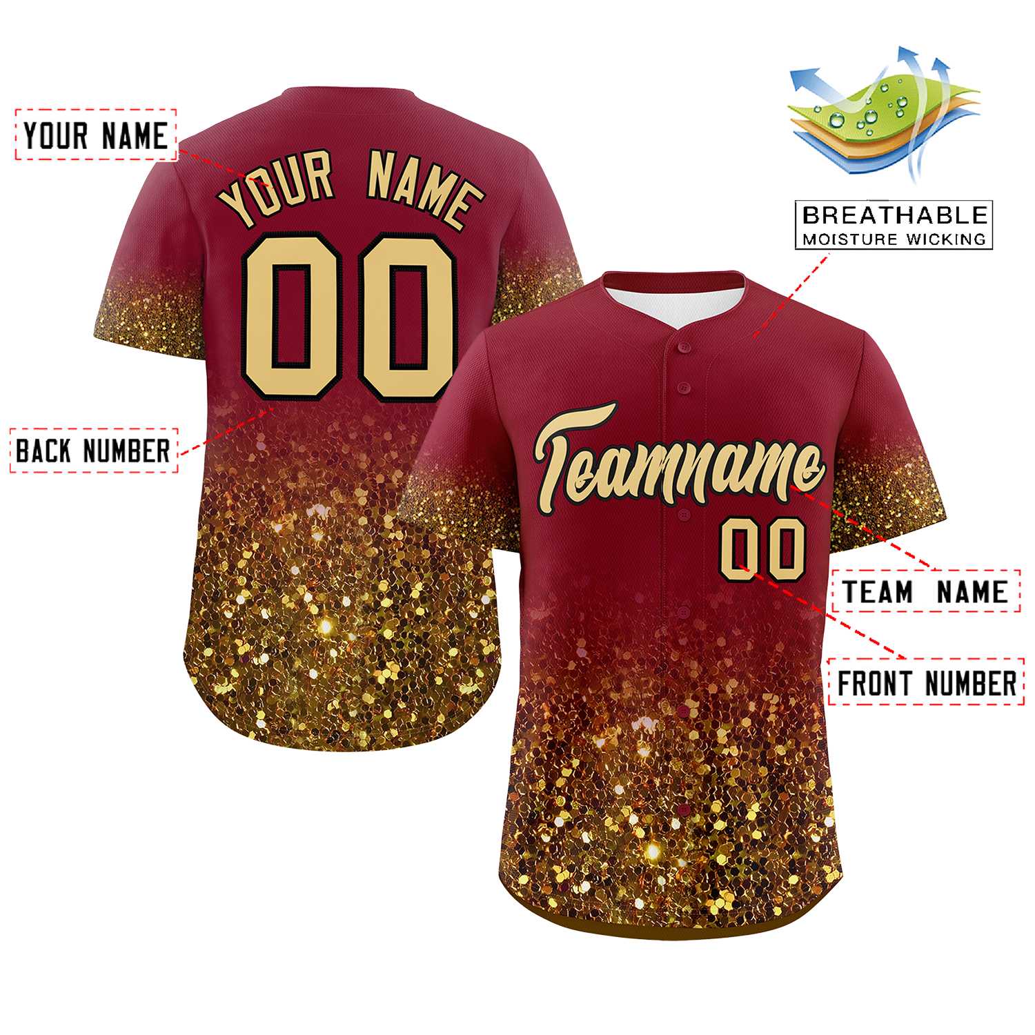 Custom Crimson Old Gold Sequins Pattern Gradient Fashion Authentic Baseball Jersey