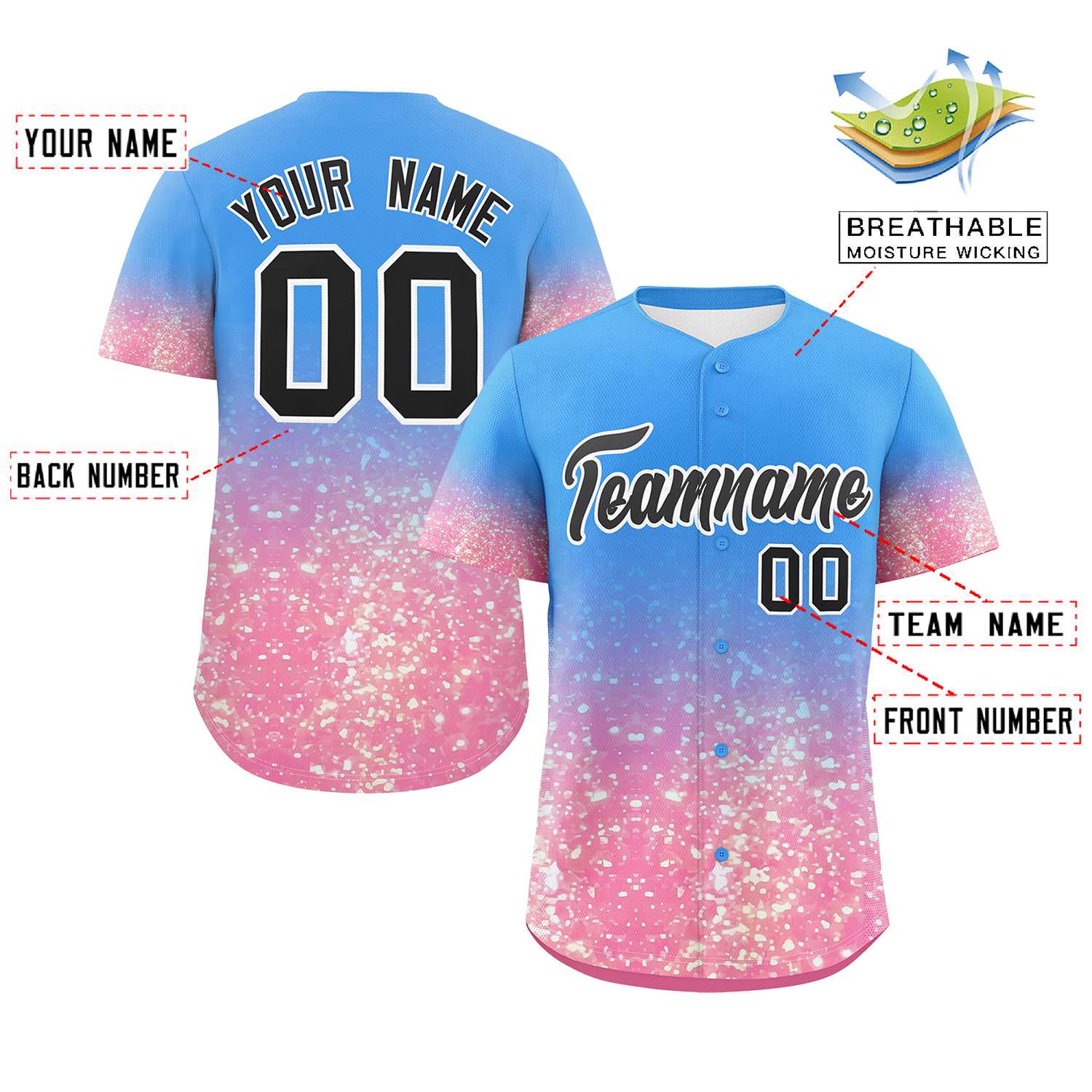 Custom Powder Blue Black Sequins Pattern Gradient Fashion Authentic Baseball Jersey