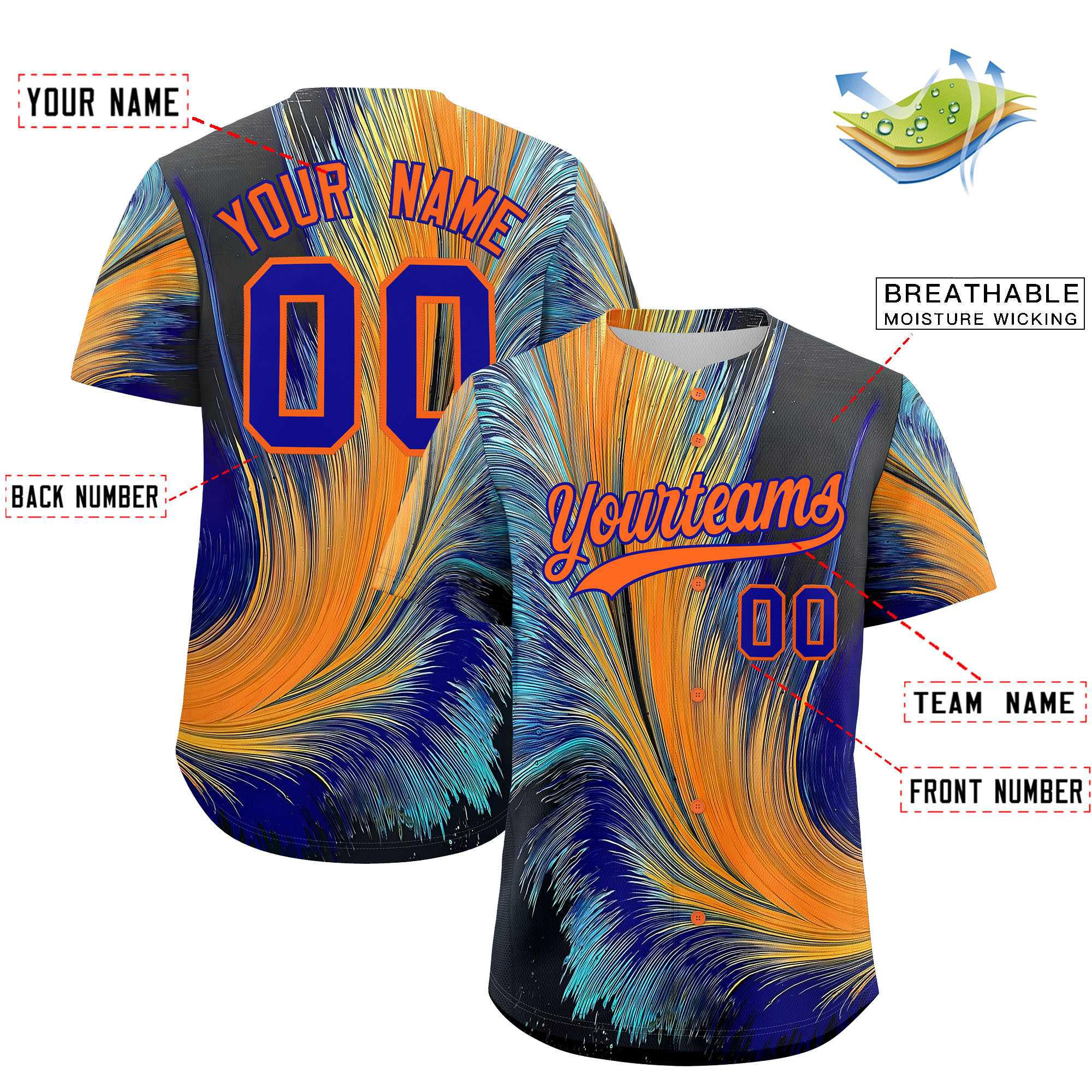 Custom Orange Royal Fluid Feather Graffiti Pattern Authentic Baseball Jersey