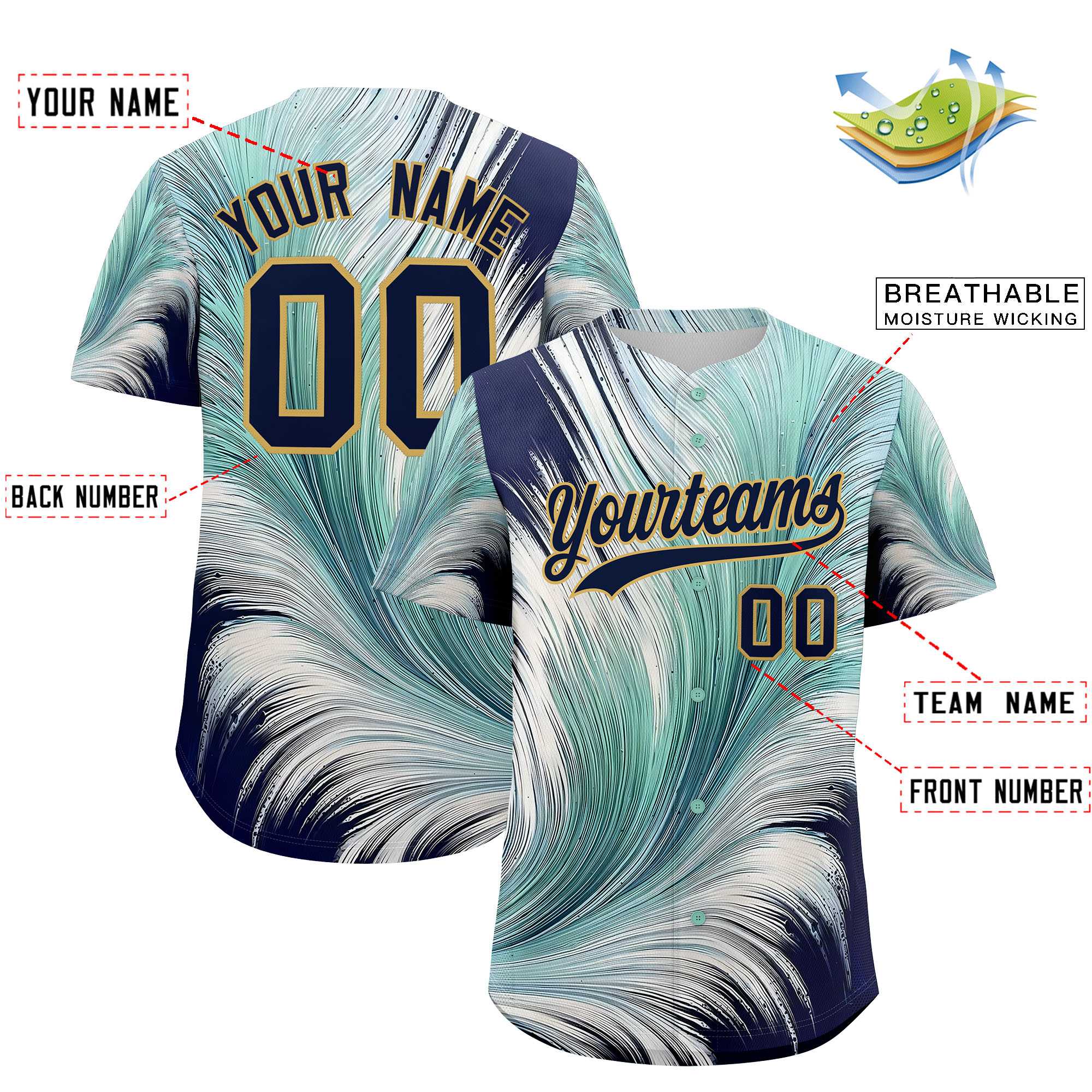 Custom Navy Old Gold Fluid Feather Graffiti Pattern Authentic Baseball Jersey