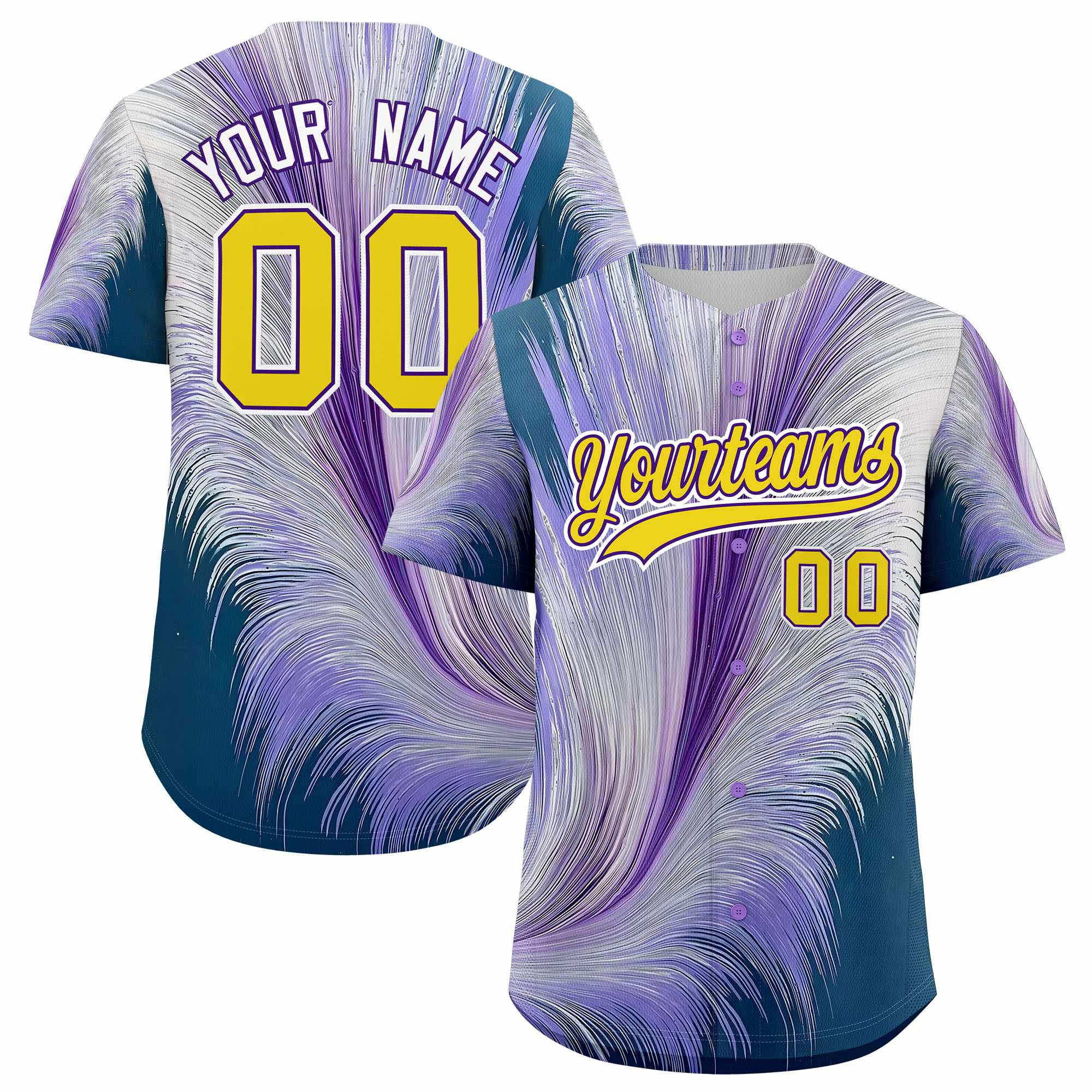 Custom Gold Purple Fluid Feather Graffiti Pattern Authentic Baseball Jersey