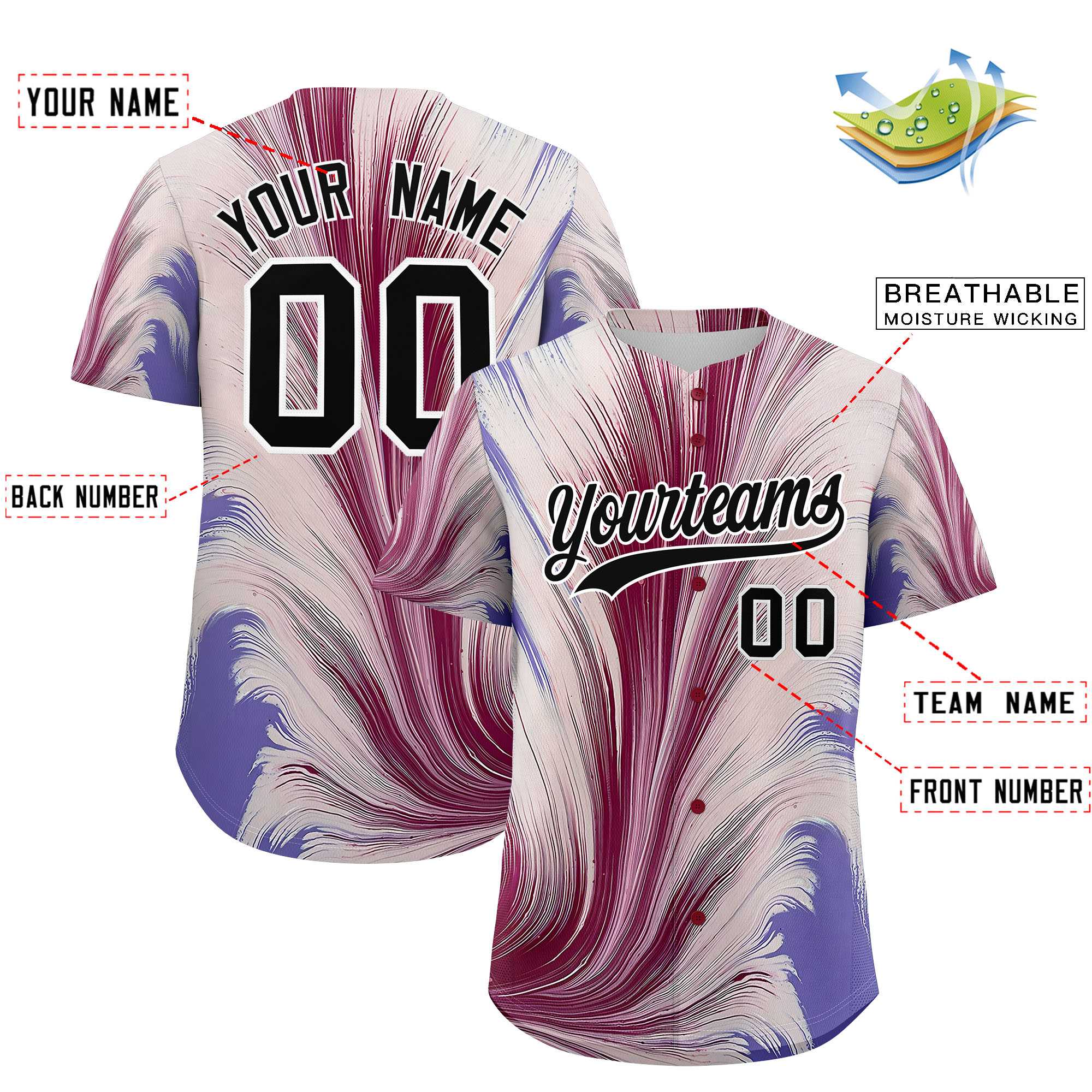 Custom Black White Fluid Feather Graffiti Pattern Authentic Baseball Jersey