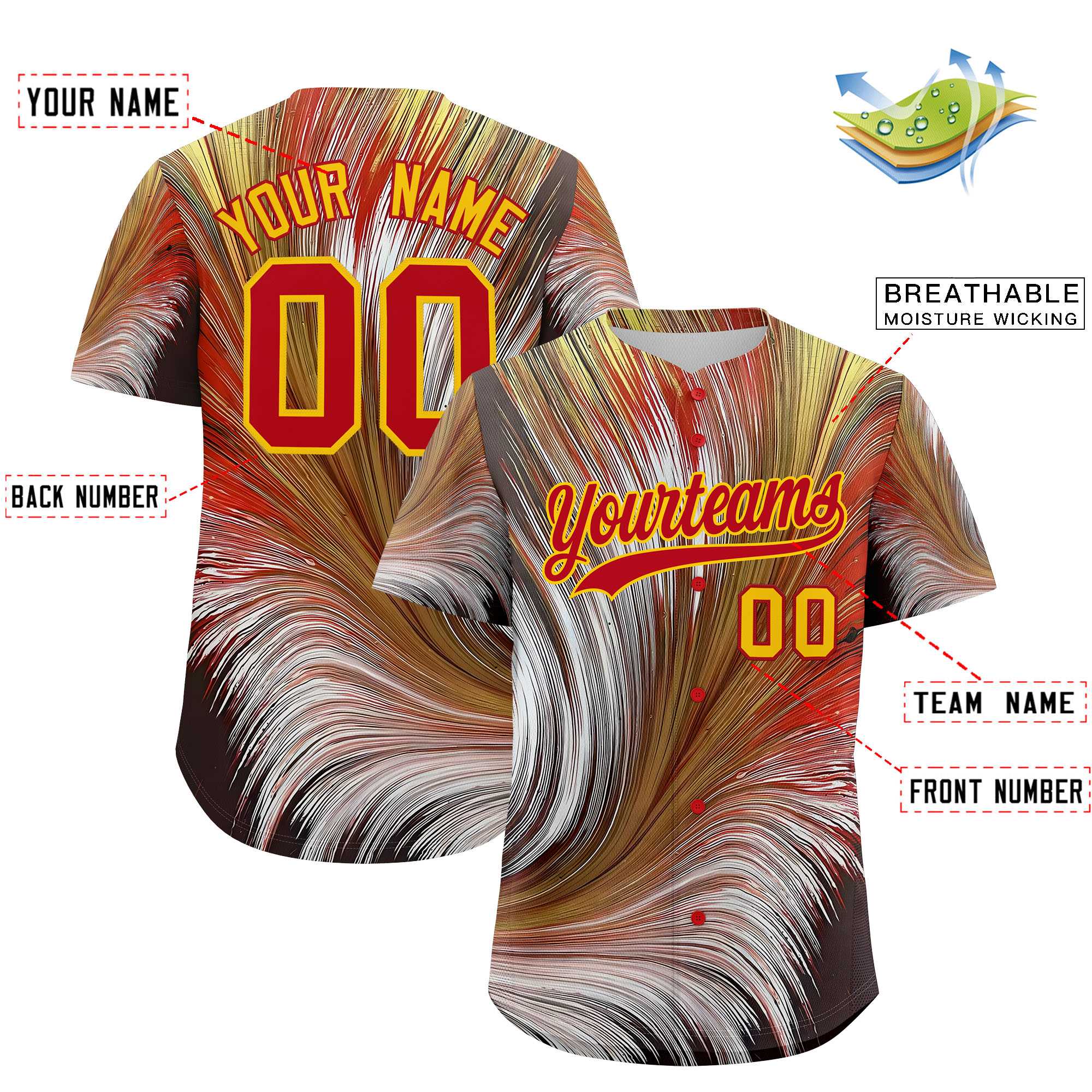 Custom Red Gold Fluid Feather Graffiti Pattern Authentic Baseball Jersey