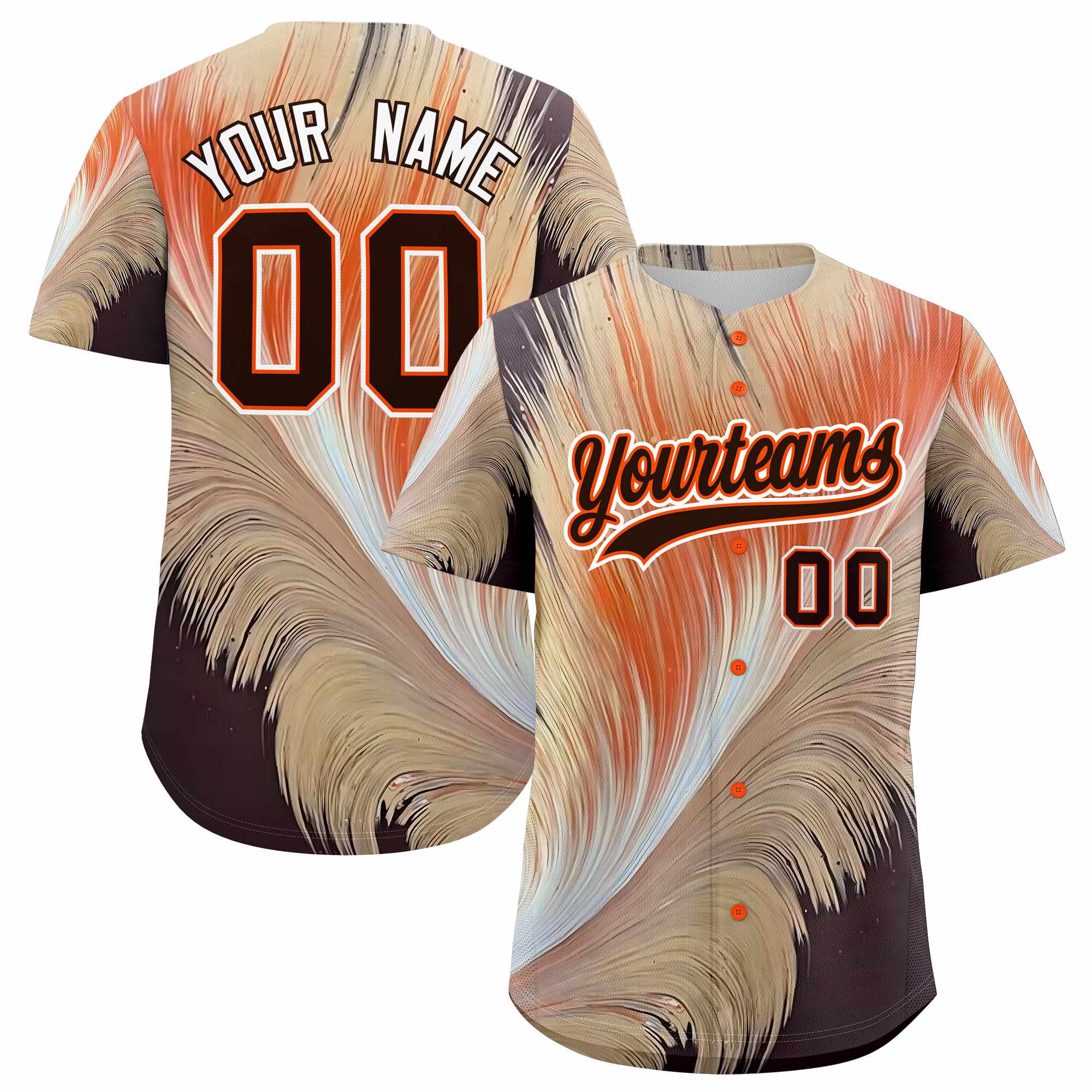 Custom Brown Orange Fluid Feather Graffiti Pattern Authentic Baseball Jersey