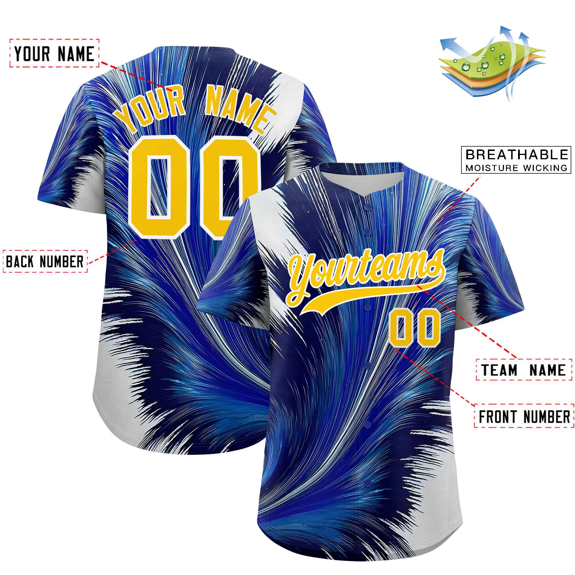 Custom Gold White Fluid Feather Graffiti Pattern Authentic Baseball Jersey