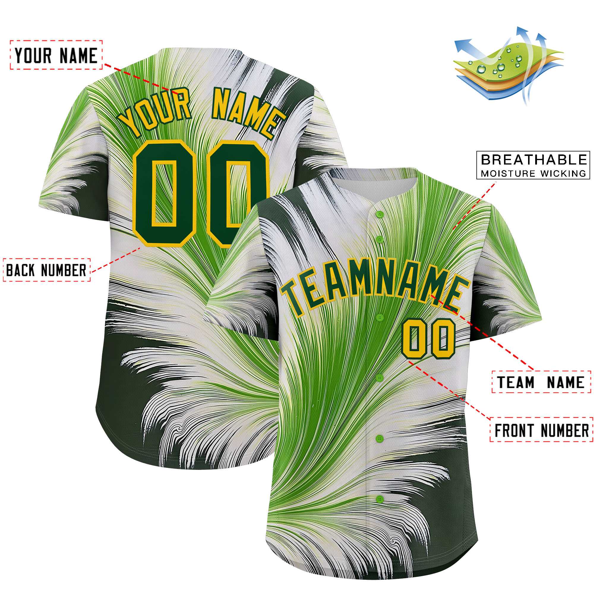 Custom Gold Green Fluid Feather Graffiti Pattern Authentic Baseball Jersey