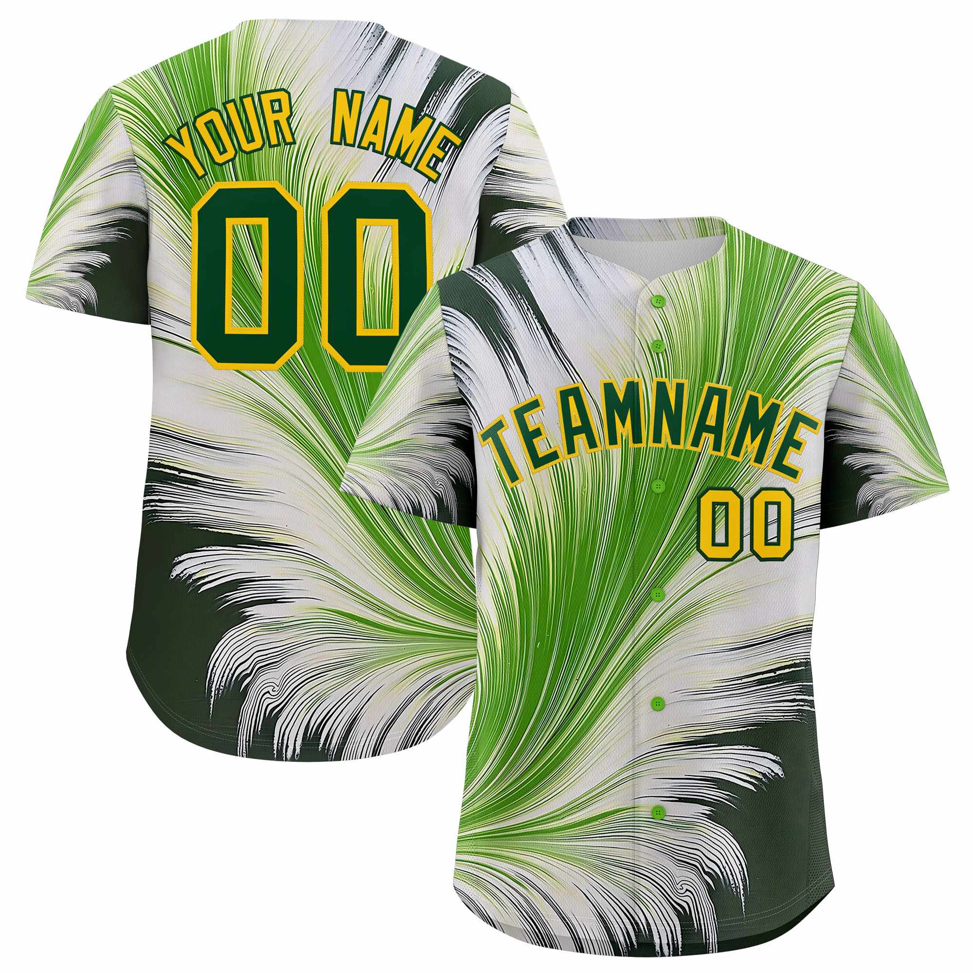 Custom Gold Green Fluid Feather Graffiti Pattern Authentic Baseball Jersey