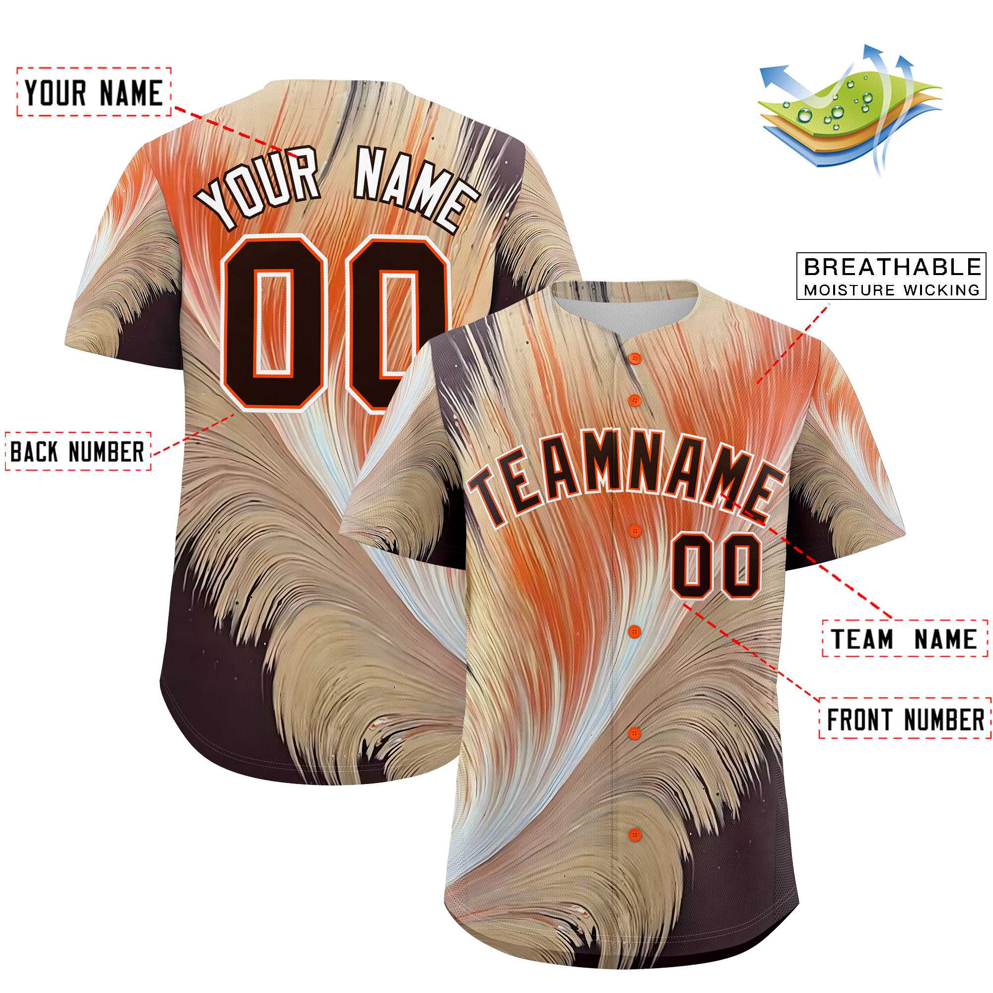 Custom Brown Orange Fluid Feather Graffiti Pattern Authentic Baseball Jersey