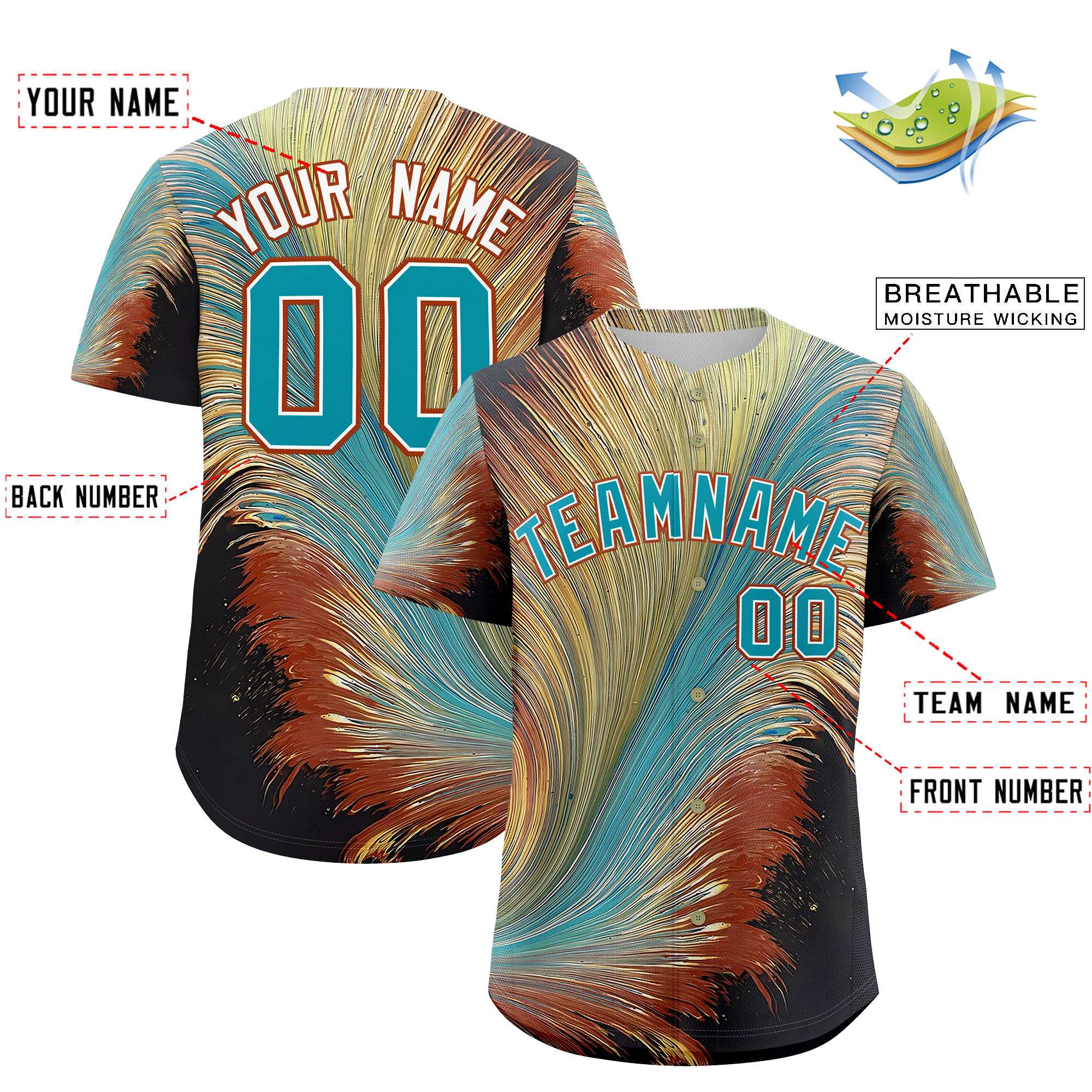 Custom Aqua White Fluid Feather Graffiti Pattern Authentic Baseball Jersey