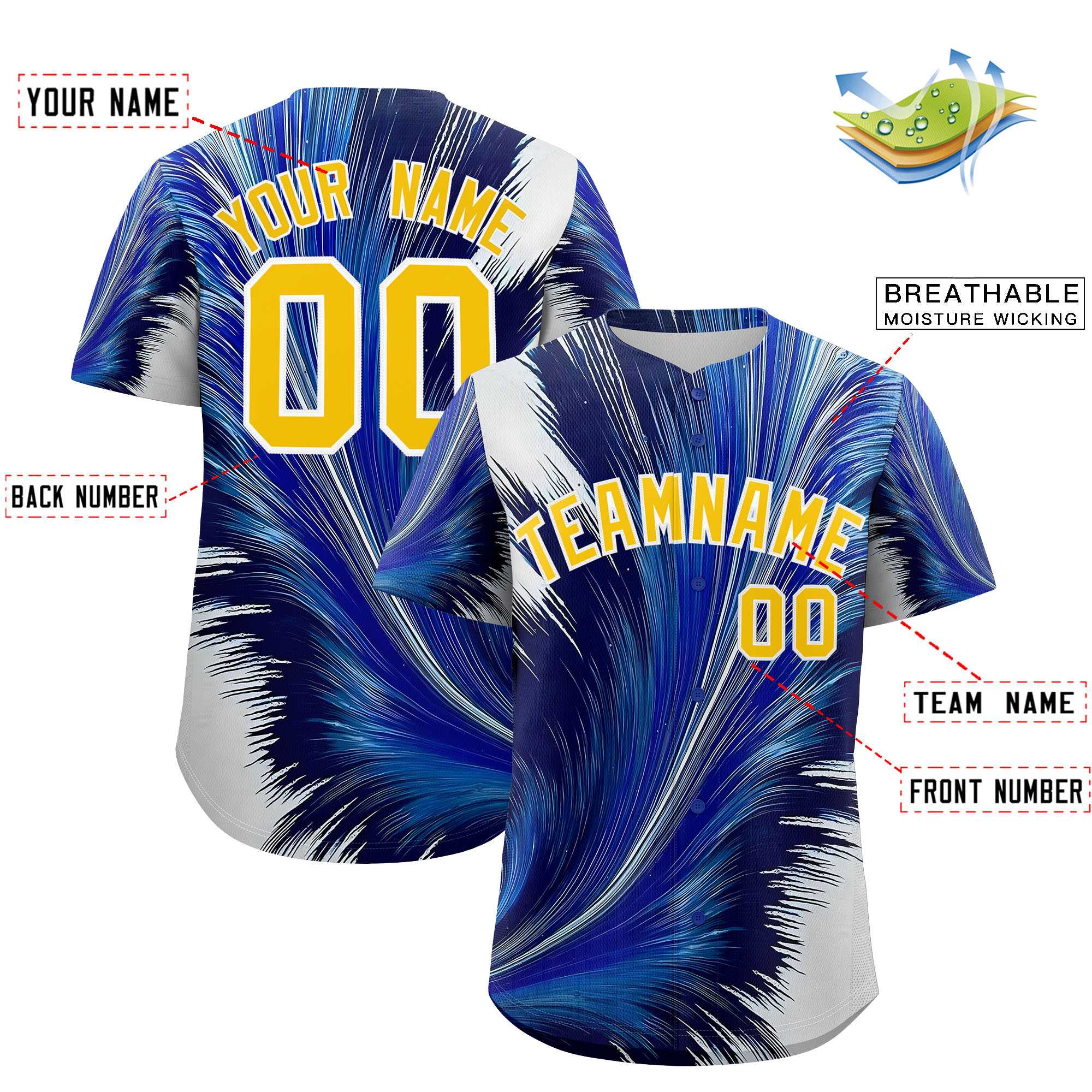 Custom Gold White Fluid Feather Graffiti Pattern Authentic Baseball Jersey