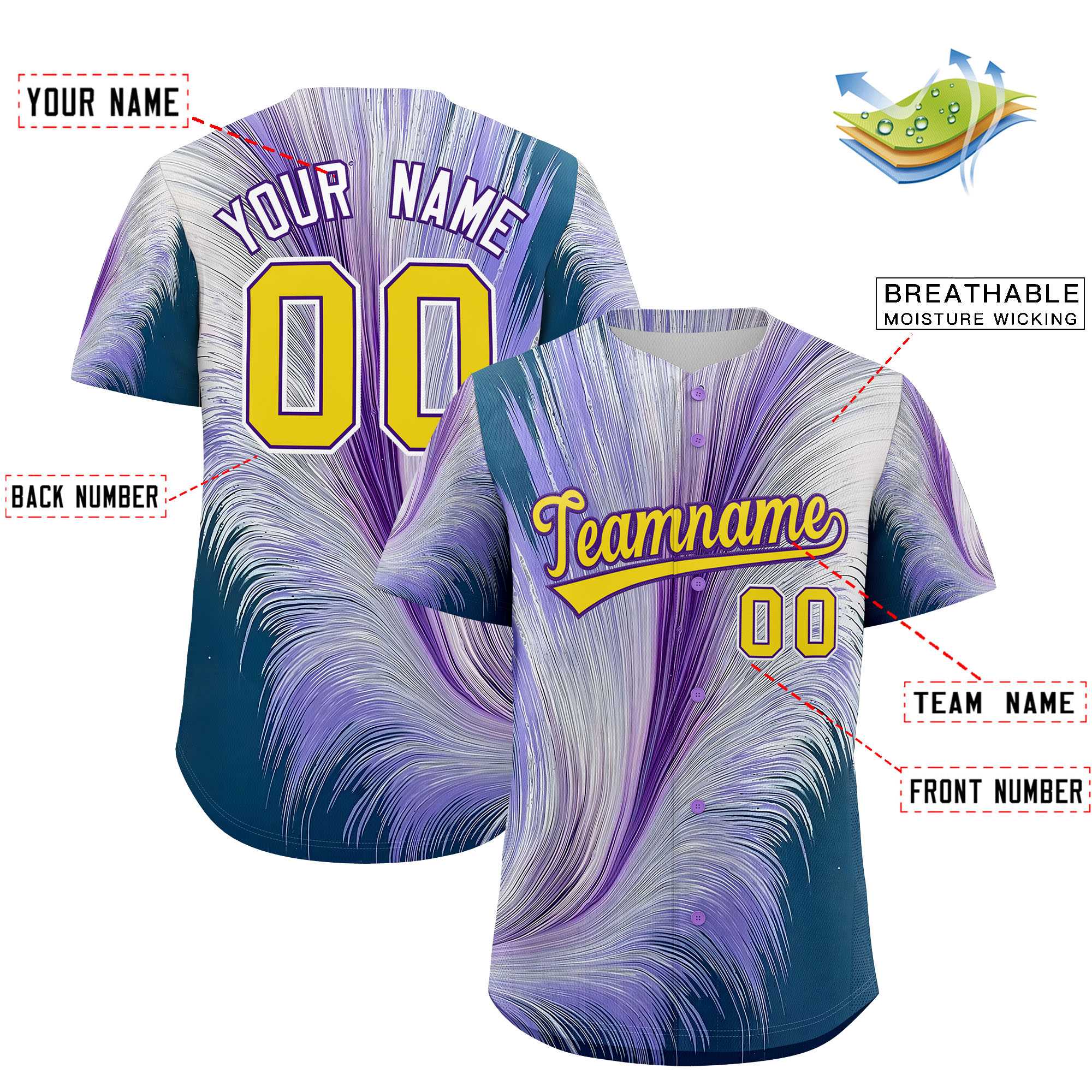 Custom Gold Purple Fluid Feather Graffiti Pattern Authentic Baseball Jersey