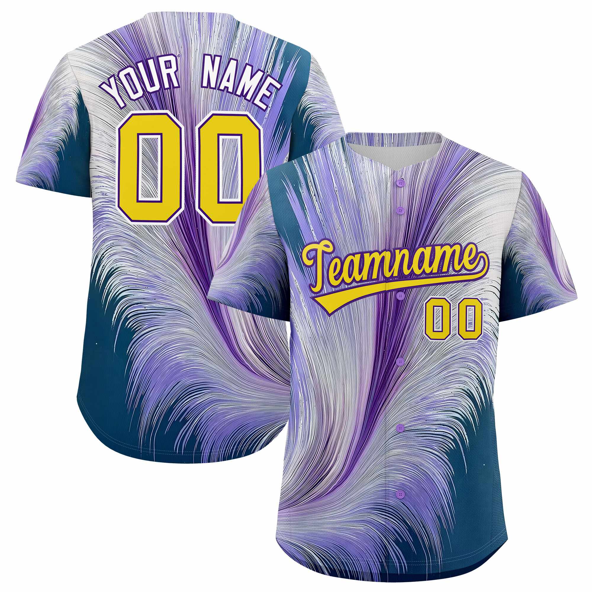 Custom Gold Purple Fluid Feather Graffiti Pattern Authentic Baseball Jersey