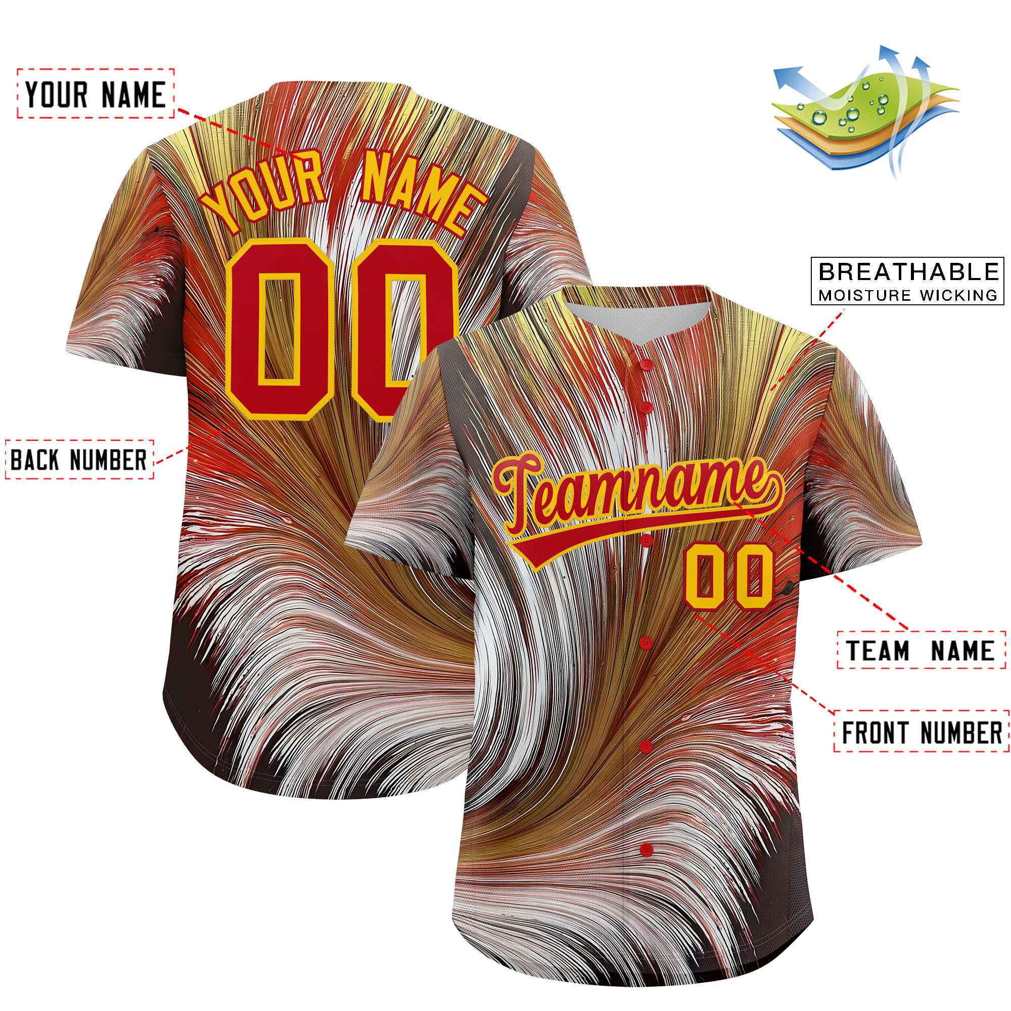 Custom Red Gold Fluid Feather Graffiti Pattern Authentic Baseball Jersey