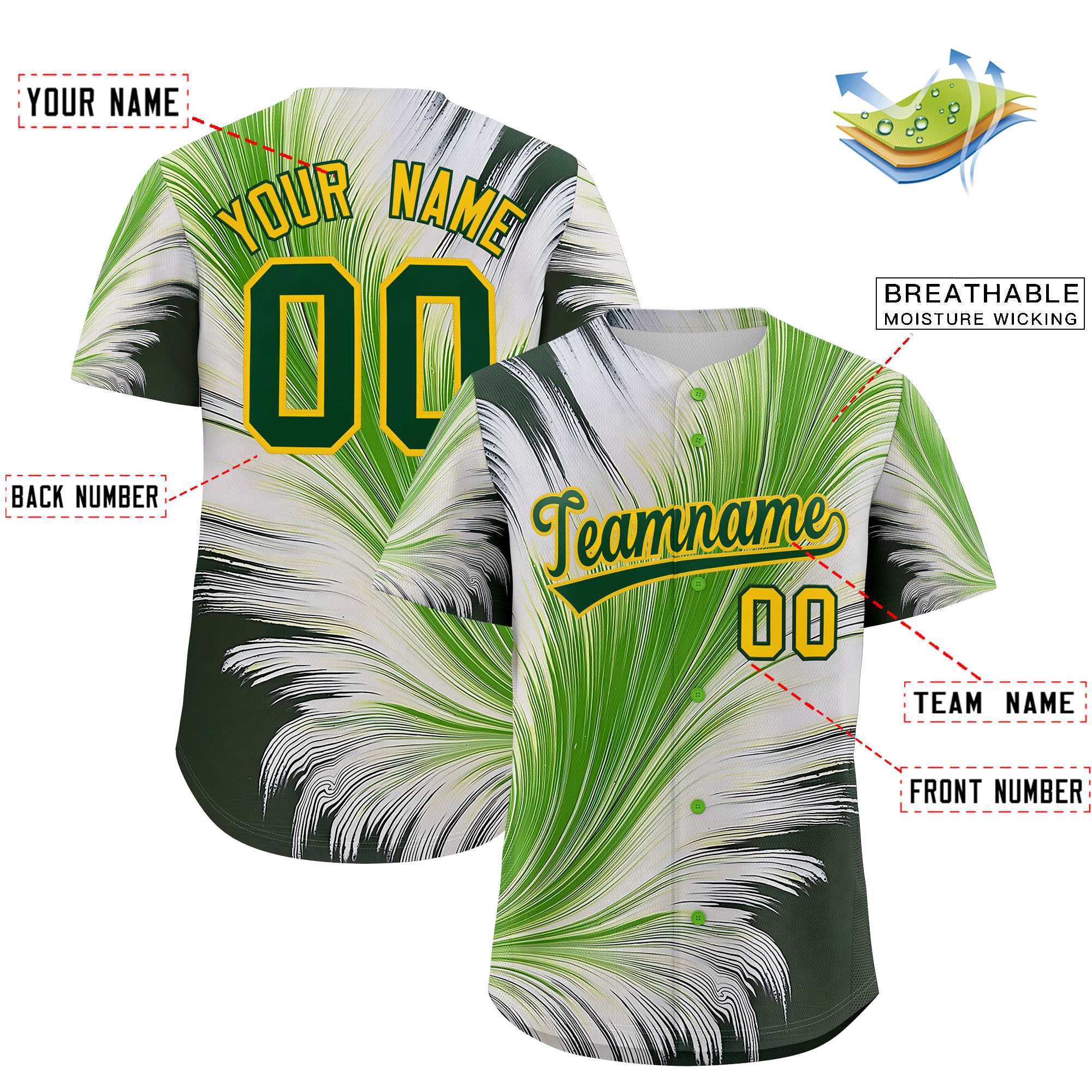 Custom Gold Green Fluid Feather Graffiti Pattern Authentic Baseball Jersey