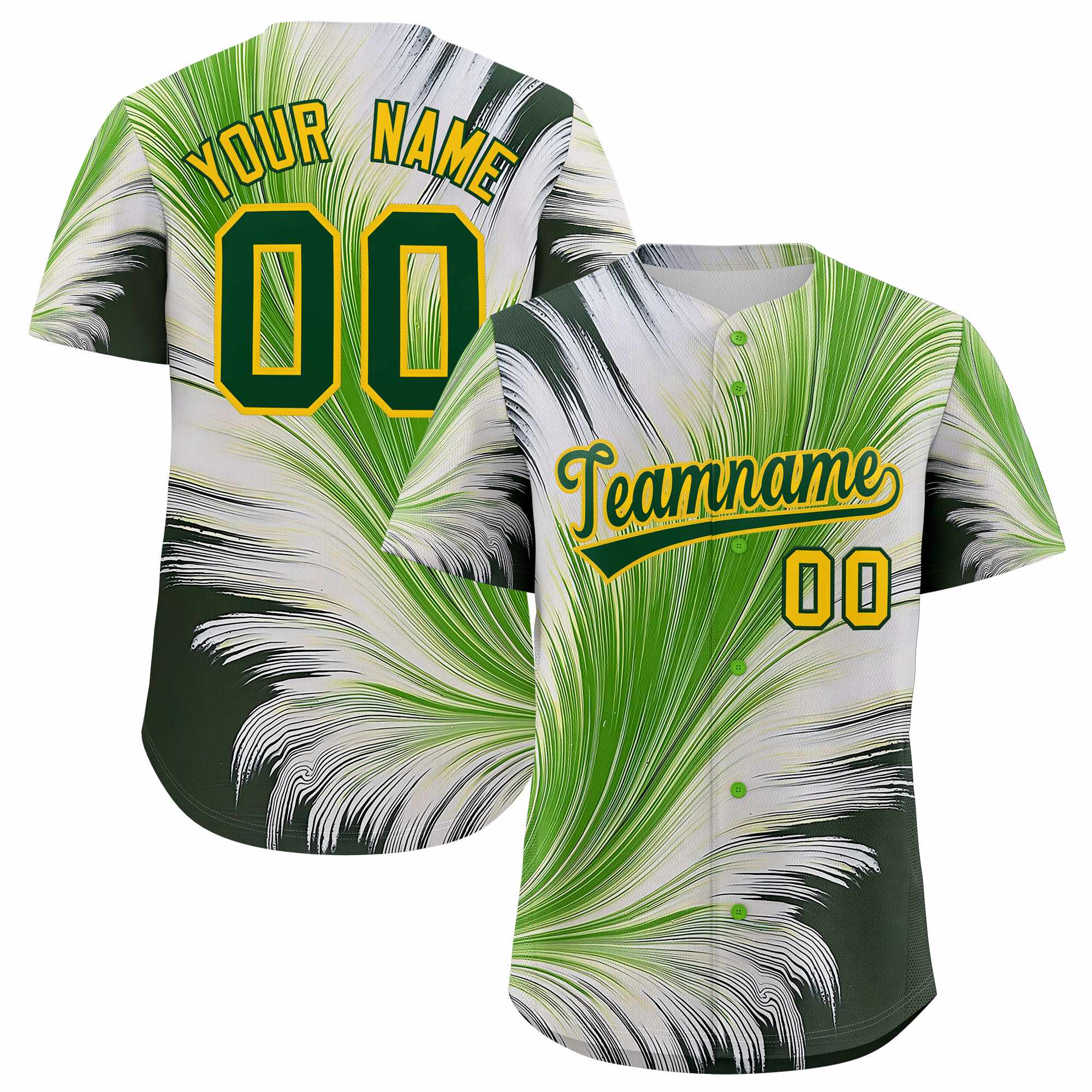 Custom Gold Green Fluid Feather Graffiti Pattern Authentic Baseball Jersey