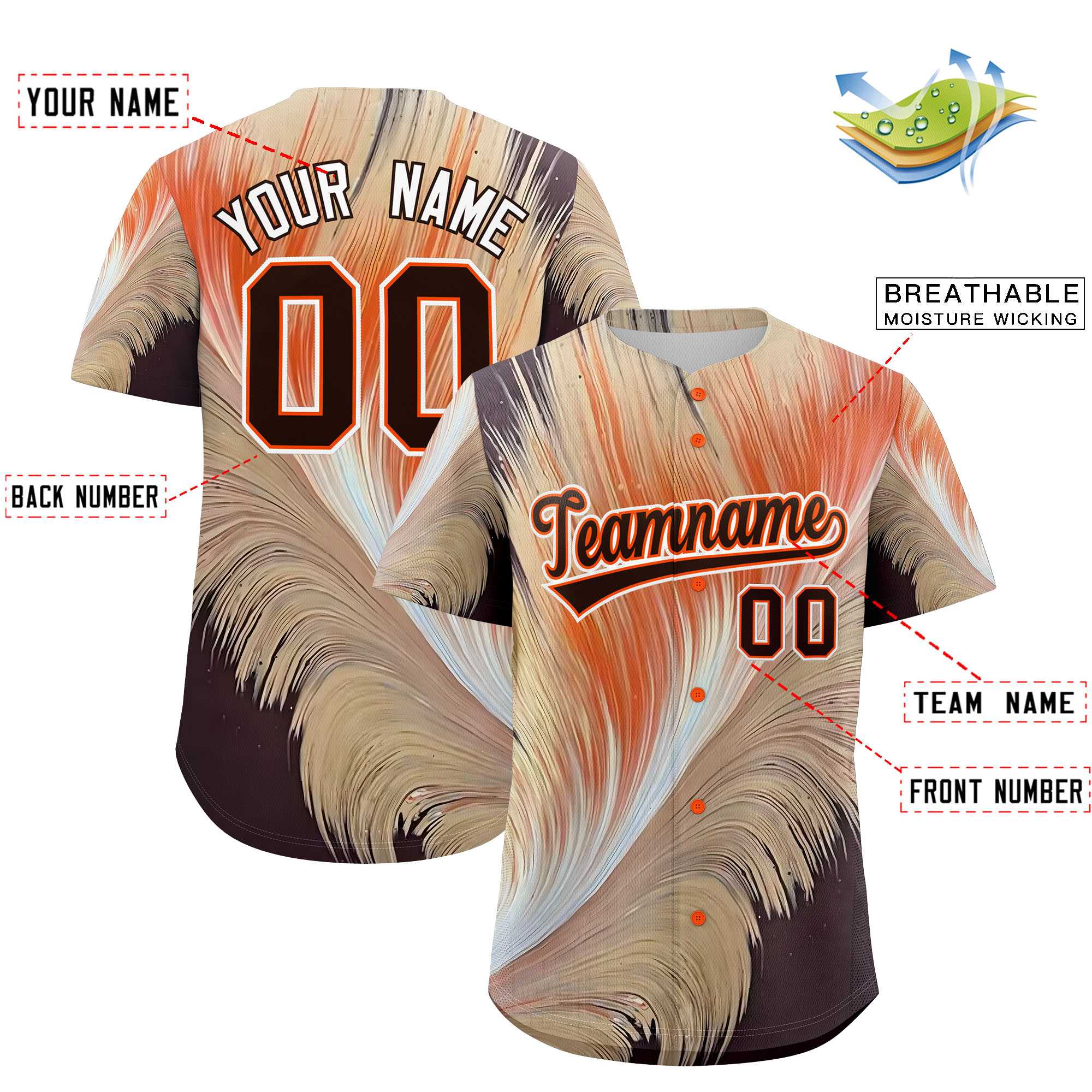 Custom Brown Orange Fluid Feather Graffiti Pattern Authentic Baseball Jersey