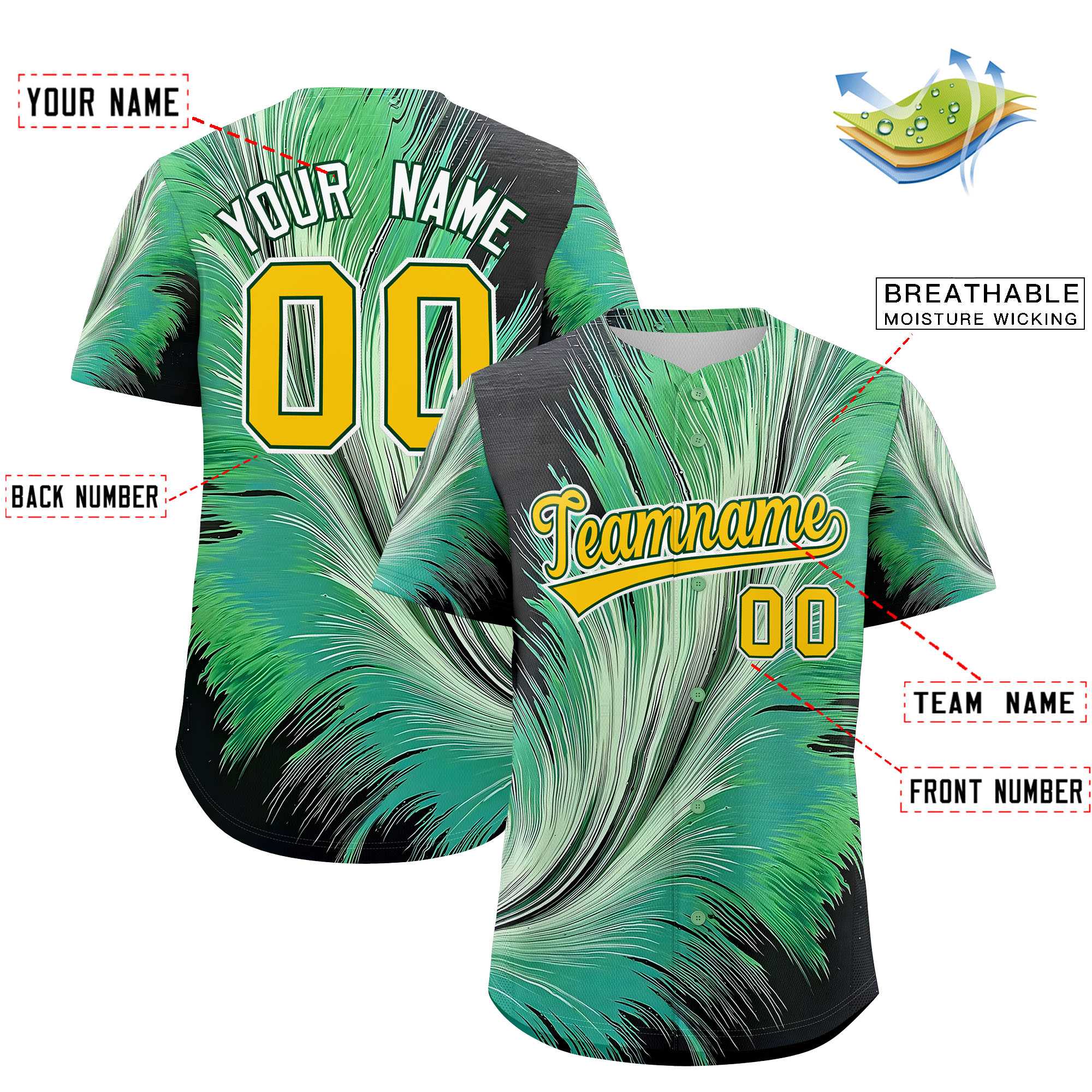 Custom Yellow Green Fluid Feather Graffiti Pattern Authentic Baseball Jersey