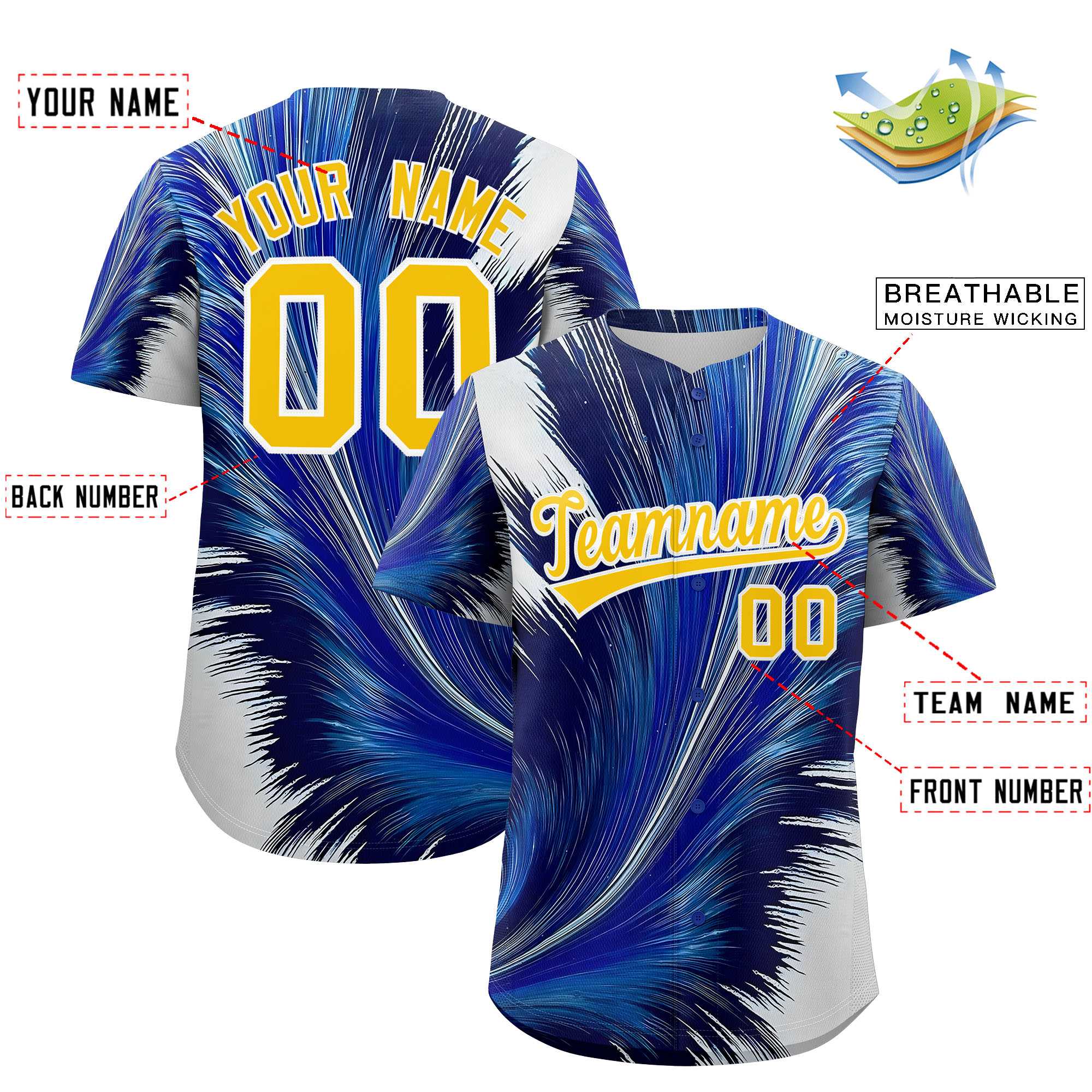 Custom Gold White Fluid Feather Graffiti Pattern Authentic Baseball Jersey