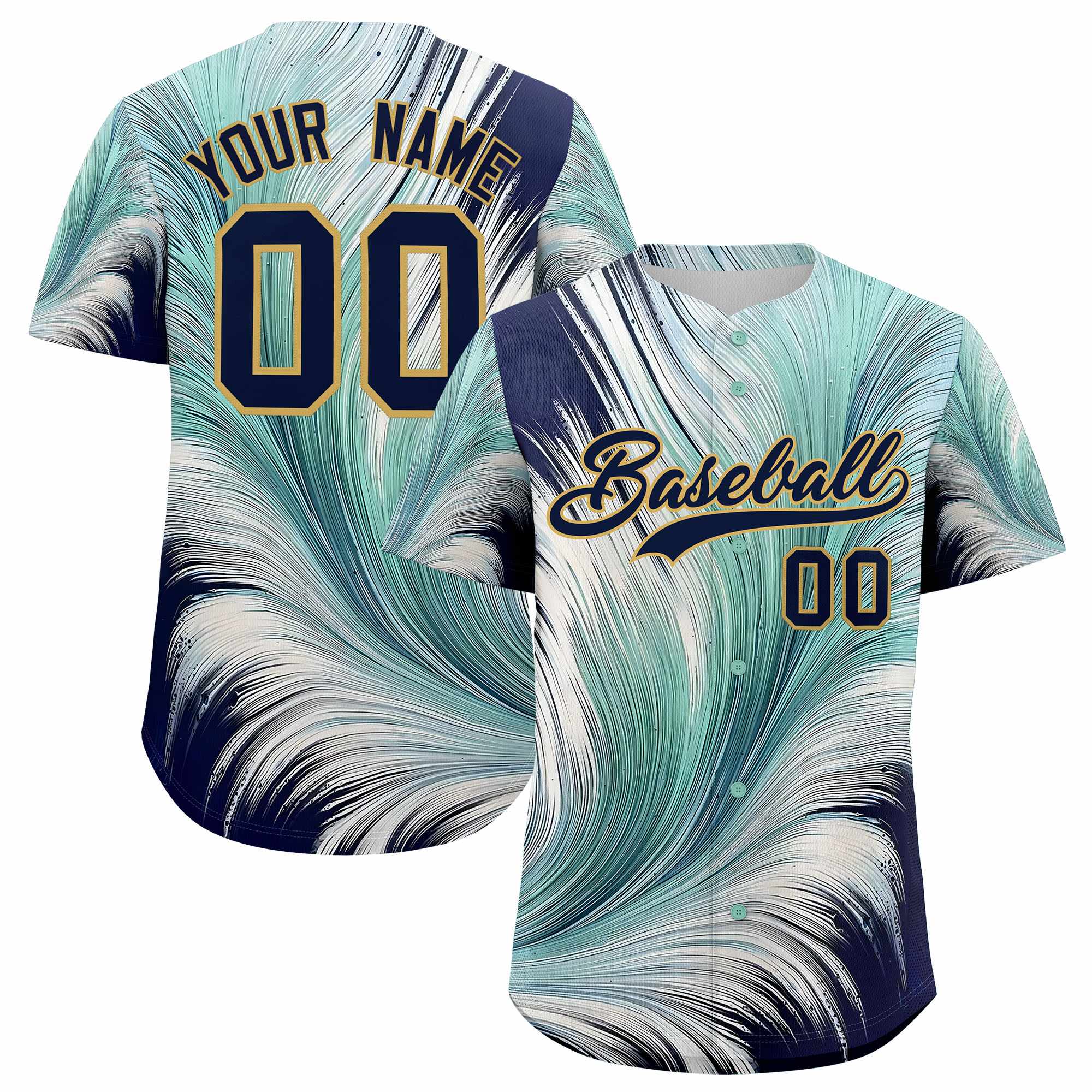 Custom Navy Old Gold Fluid Feather Graffiti Pattern Authentic Baseball Jersey