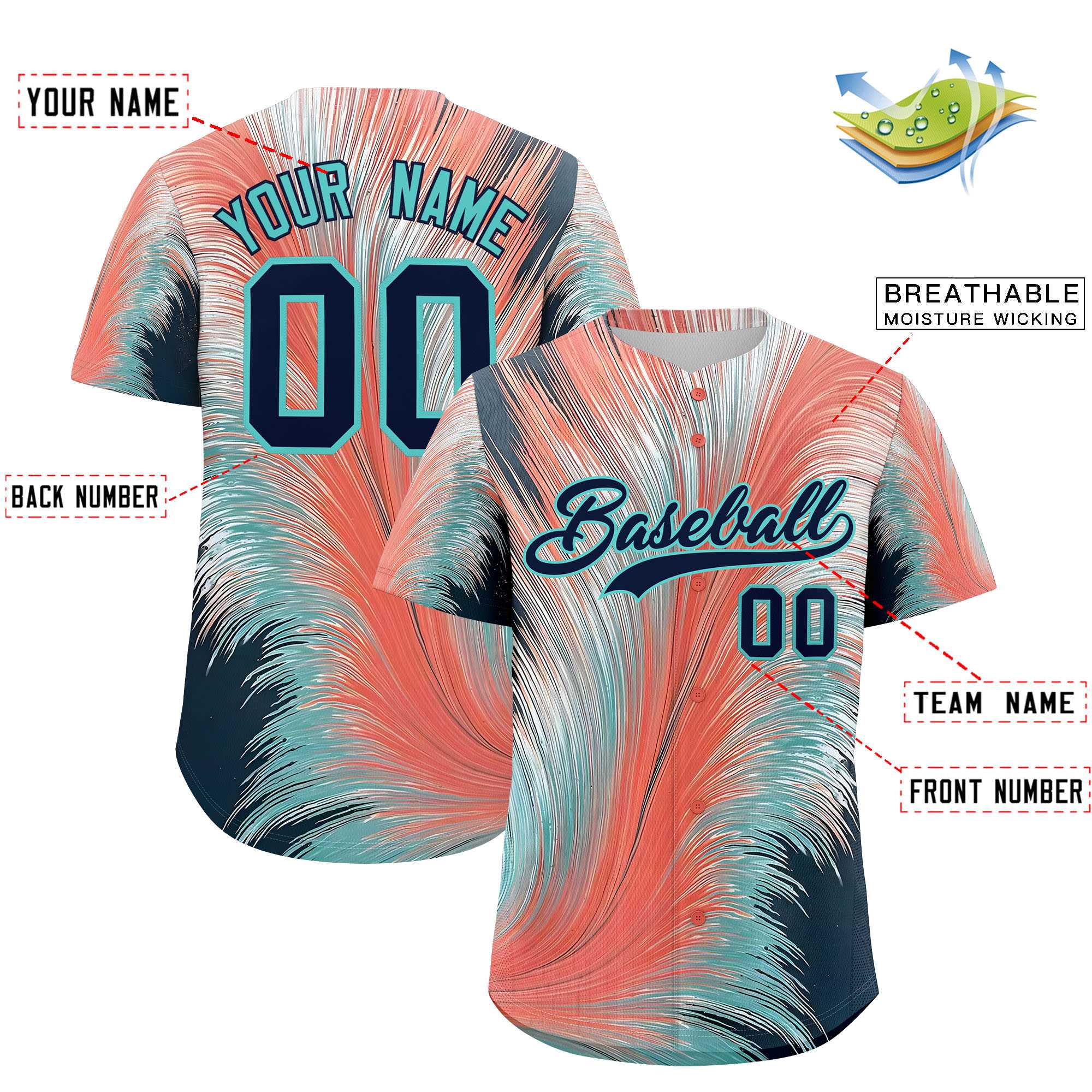 Custom Navy Aqua Fluid Feather Graffiti Pattern Authentic Baseball Jersey