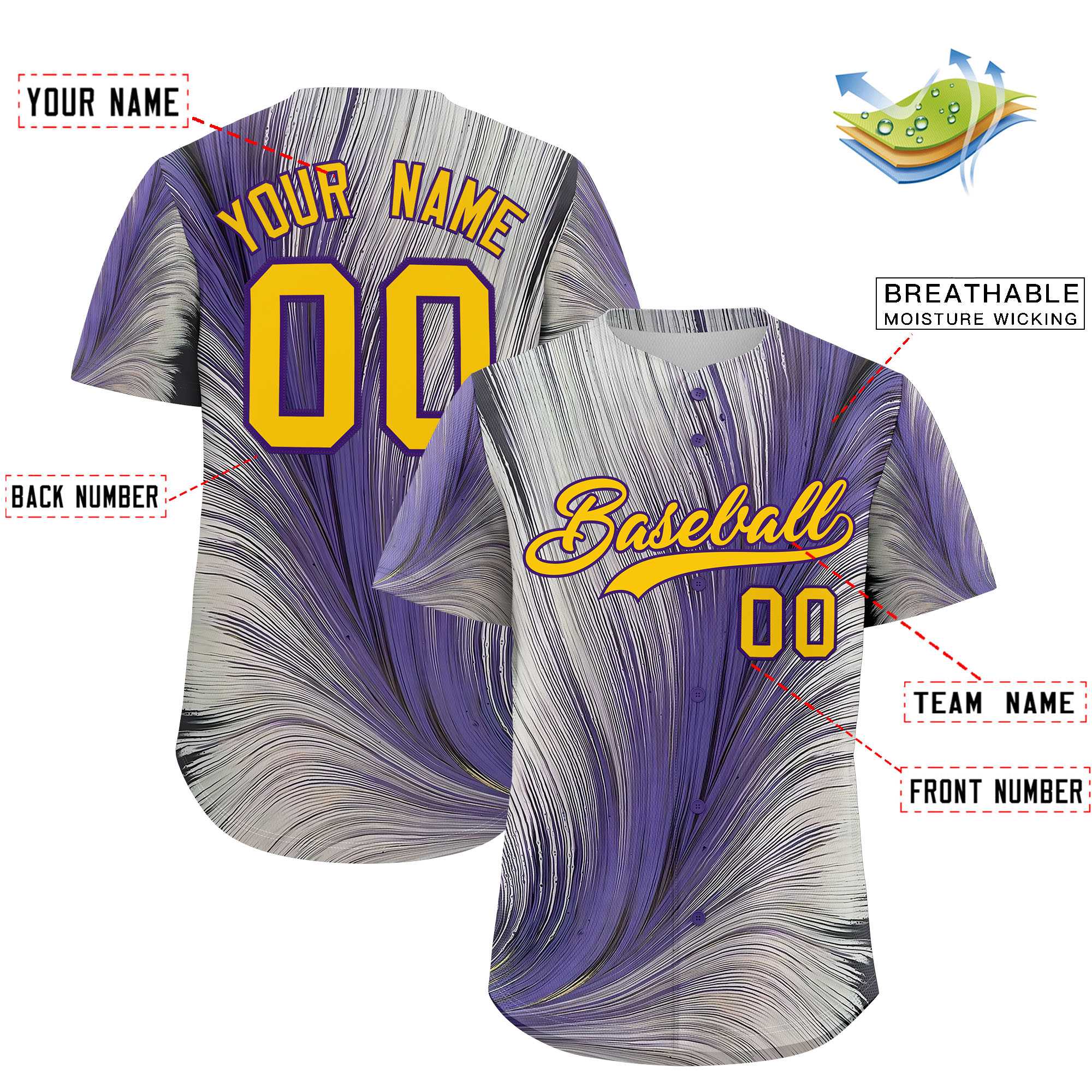 Custom Yellow Purple Fluid Feather Graffiti Pattern Authentic Baseball Jersey