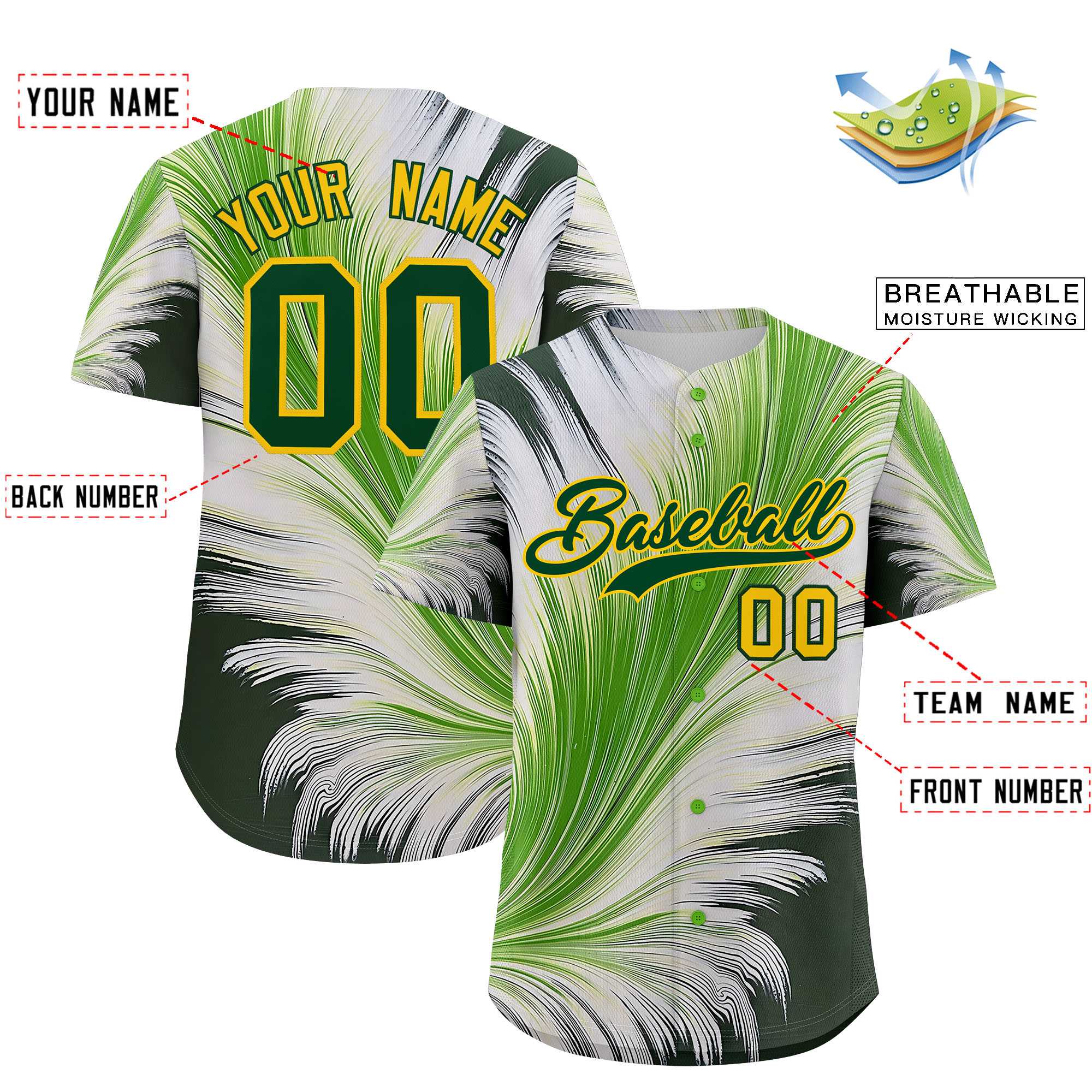 Custom Gold Green Fluid Feather Graffiti Pattern Authentic Baseball Jersey