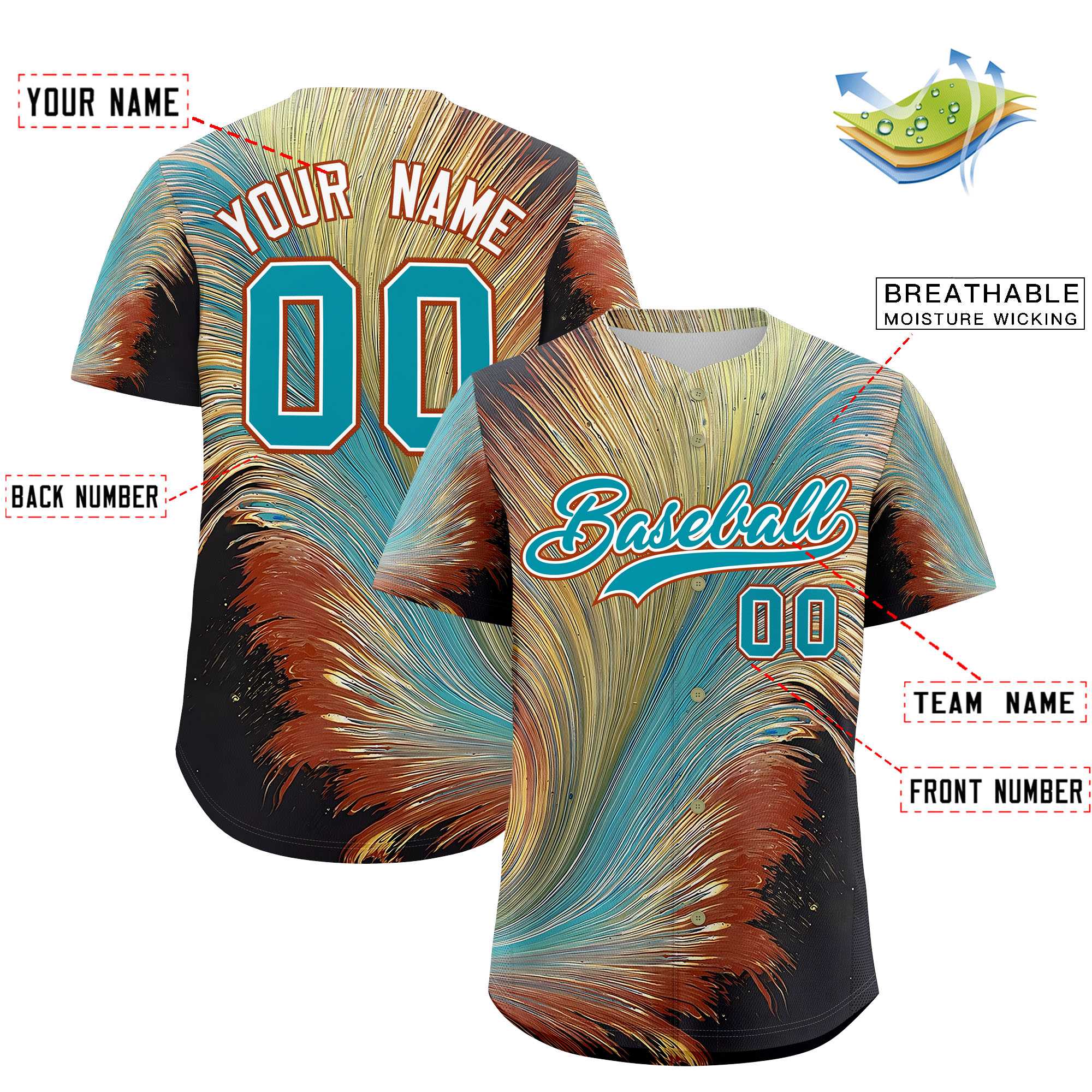 Custom Aqua White Fluid Feather Graffiti Pattern Authentic Baseball Jersey