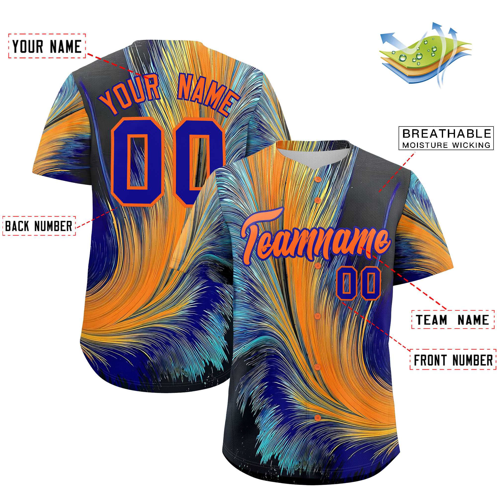 Custom Orange Royal Fluid Feather Graffiti Pattern Authentic Baseball Jersey