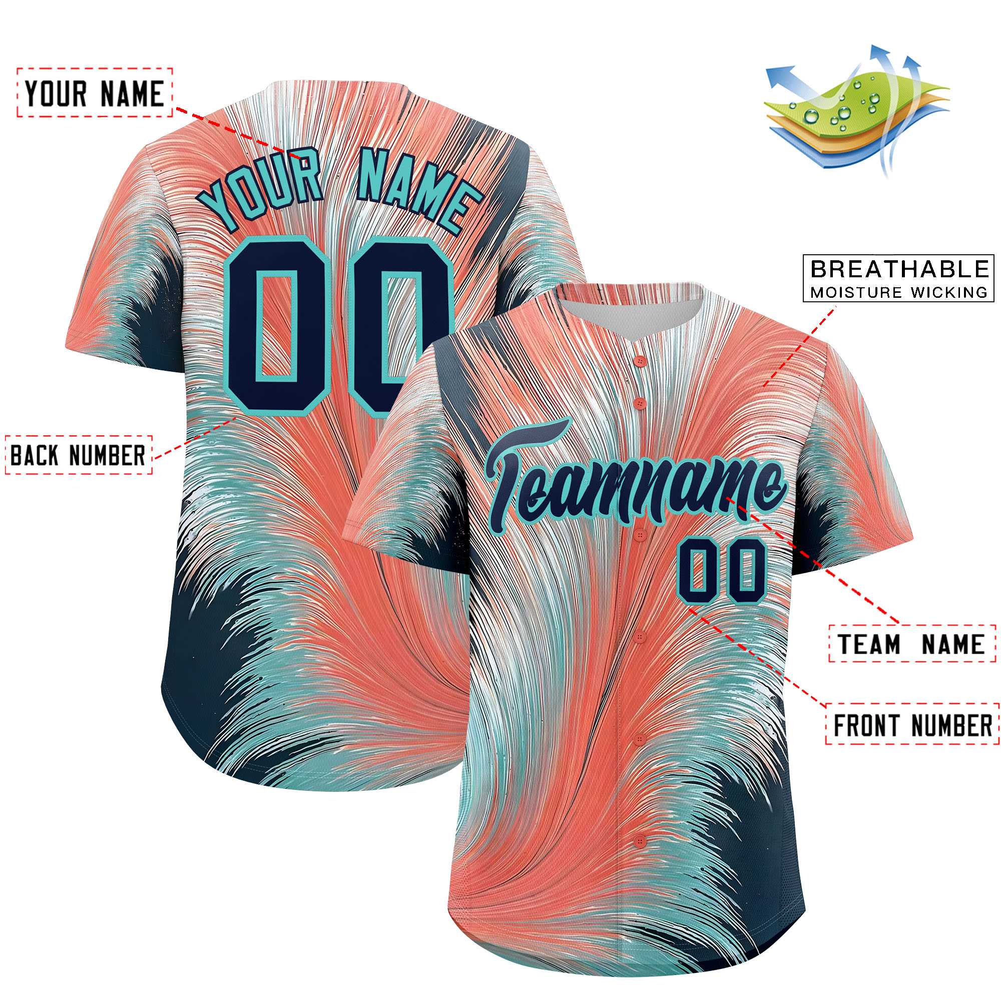 Custom Navy Aqua Fluid Feather Graffiti Pattern Authentic Baseball Jersey