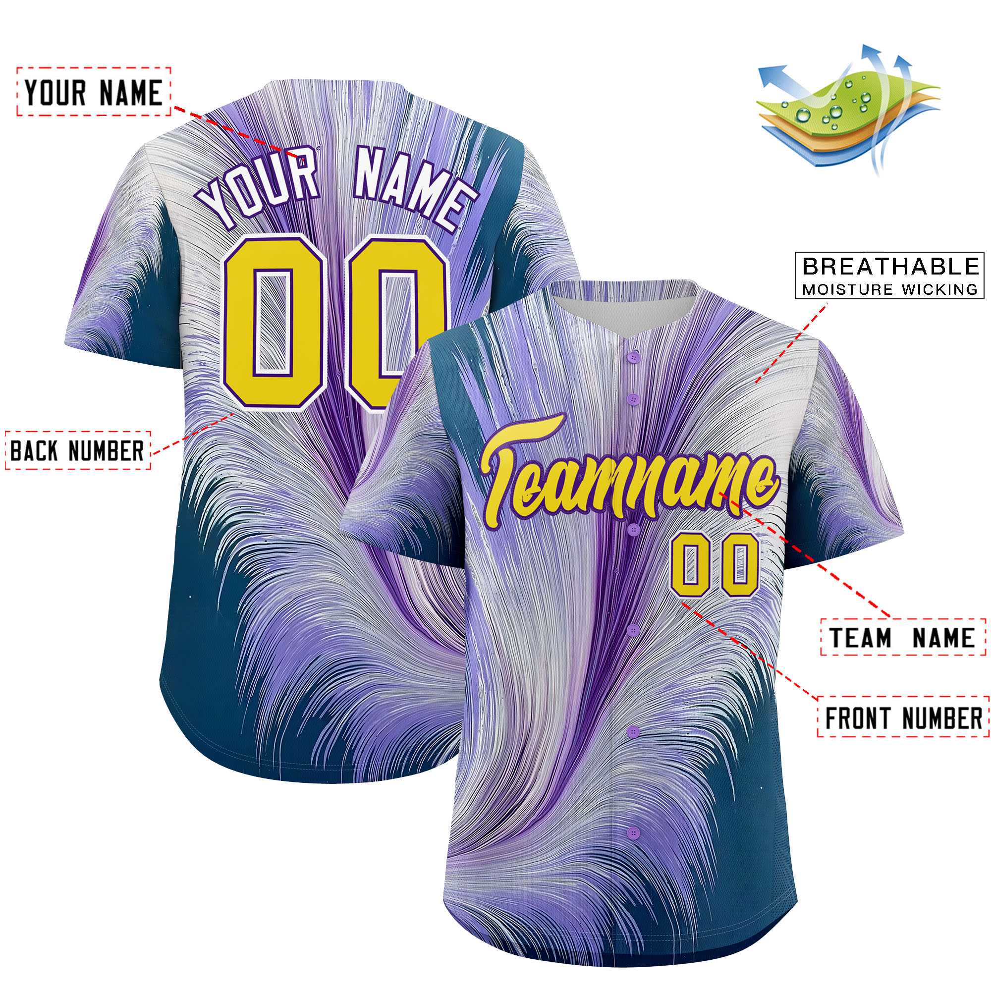 Custom Gold Purple Fluid Feather Graffiti Pattern Authentic Baseball Jersey