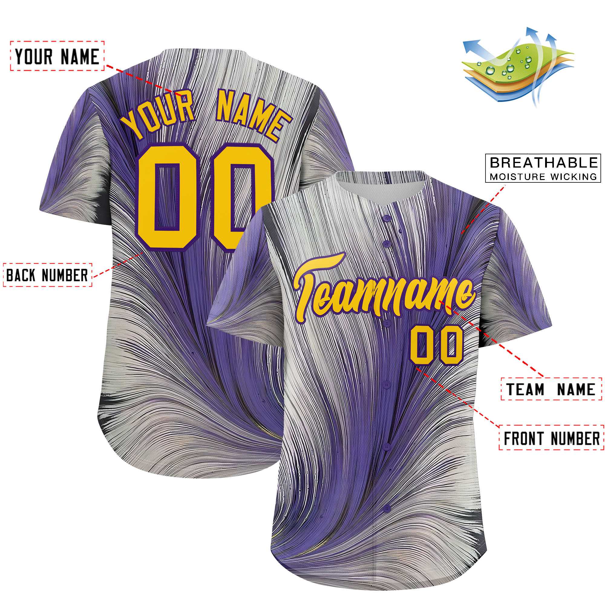 Custom Yellow Purple Fluid Feather Graffiti Pattern Authentic Baseball Jersey