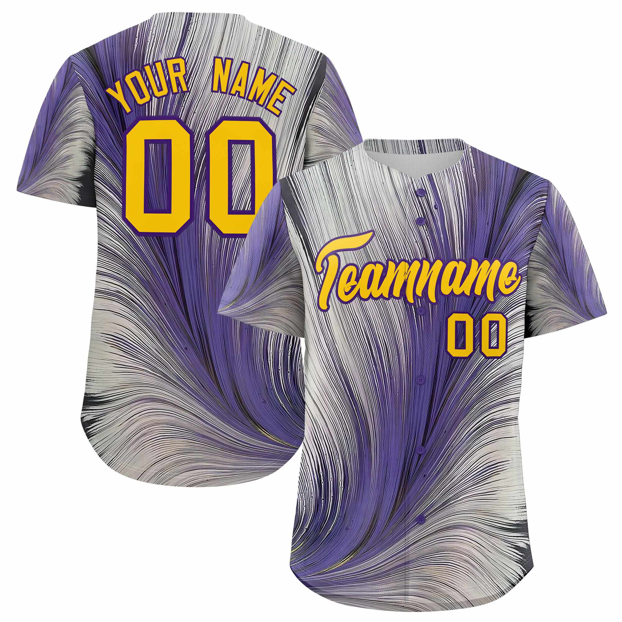 Custom Yellow Purple Fluid Feather Graffiti Pattern Authentic Baseball Jersey