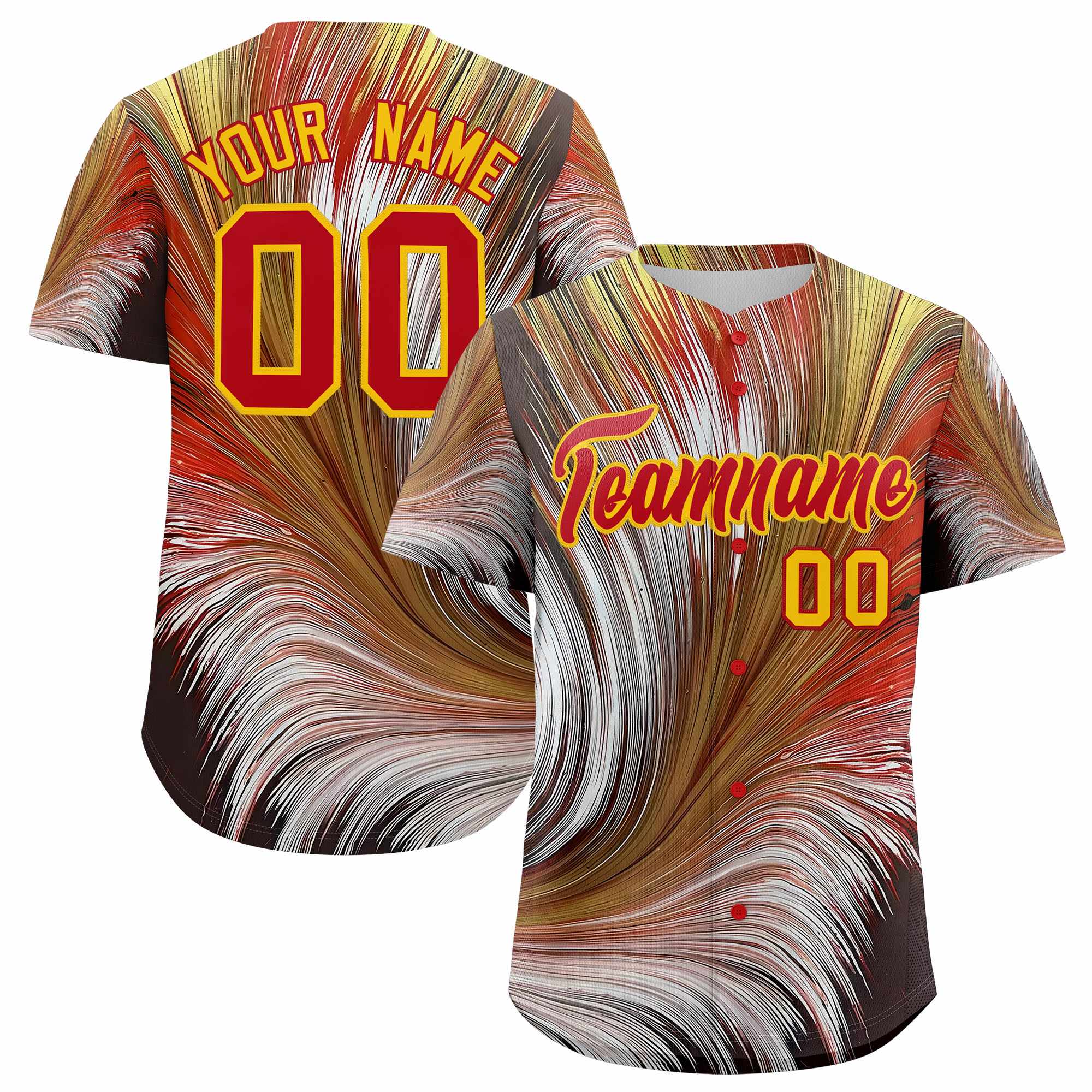 Custom Red Gold Fluid Feather Graffiti Pattern Authentic Baseball Jersey