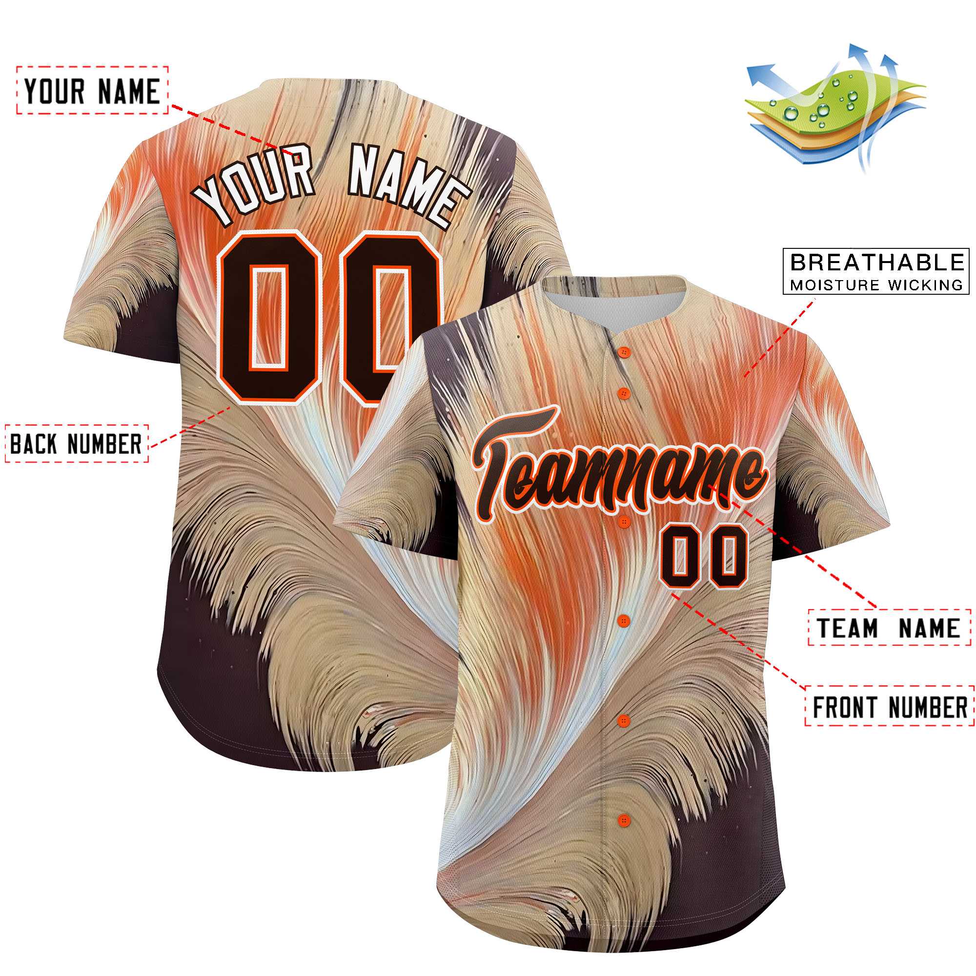 Custom Brown Orange Fluid Feather Graffiti Pattern Authentic Baseball Jersey