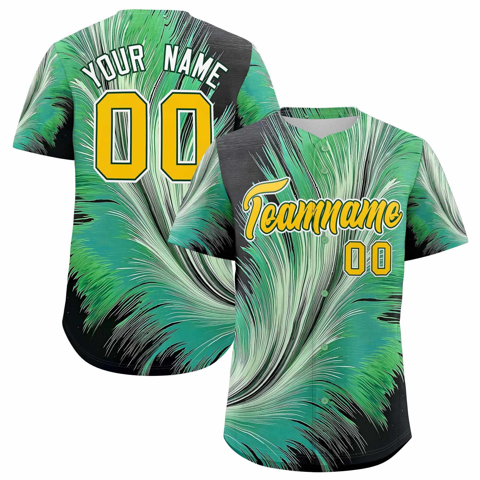 Custom Yellow Green Fluid Feather Graffiti Pattern Authentic Baseball Jersey