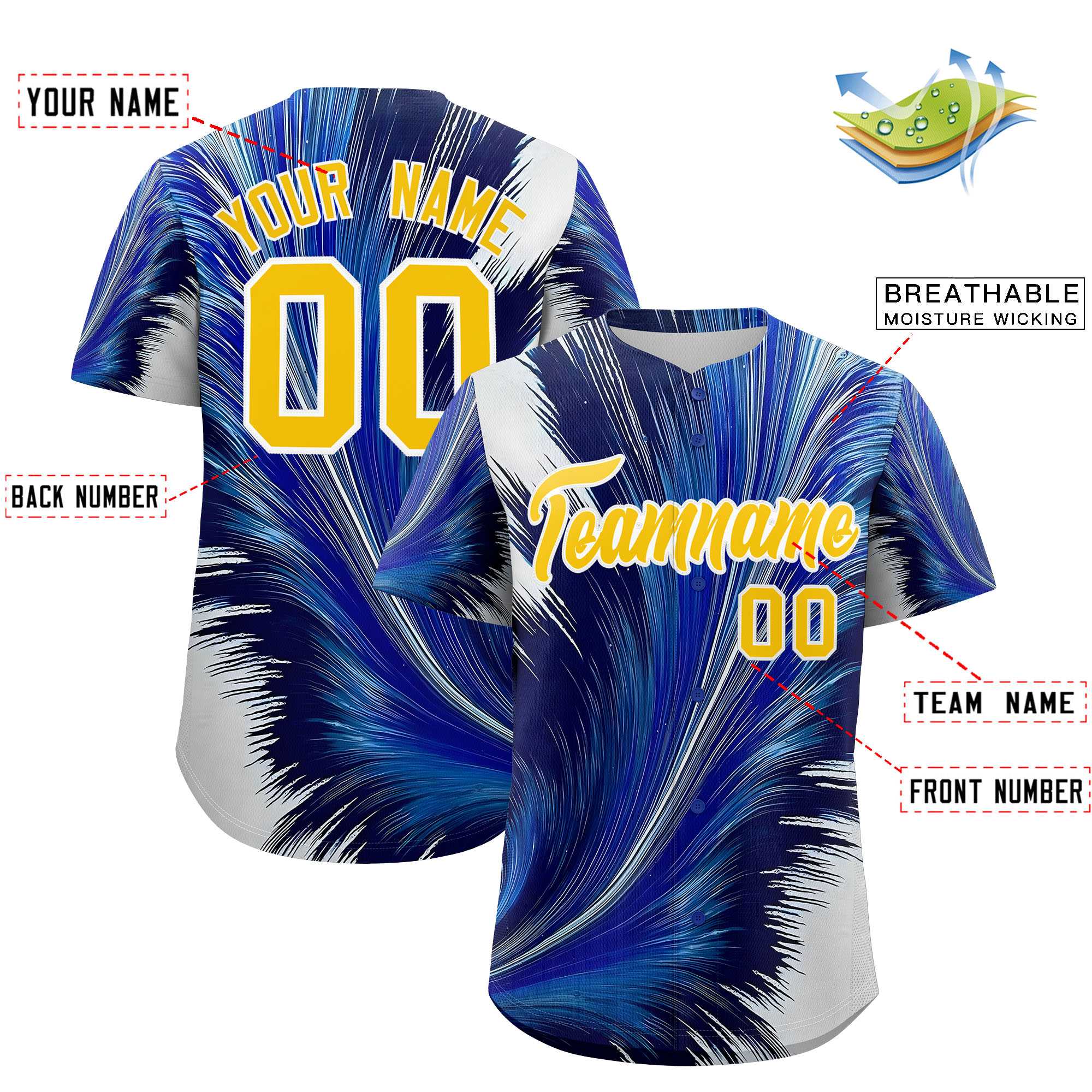 Custom Gold White Fluid Feather Graffiti Pattern Authentic Baseball Jersey