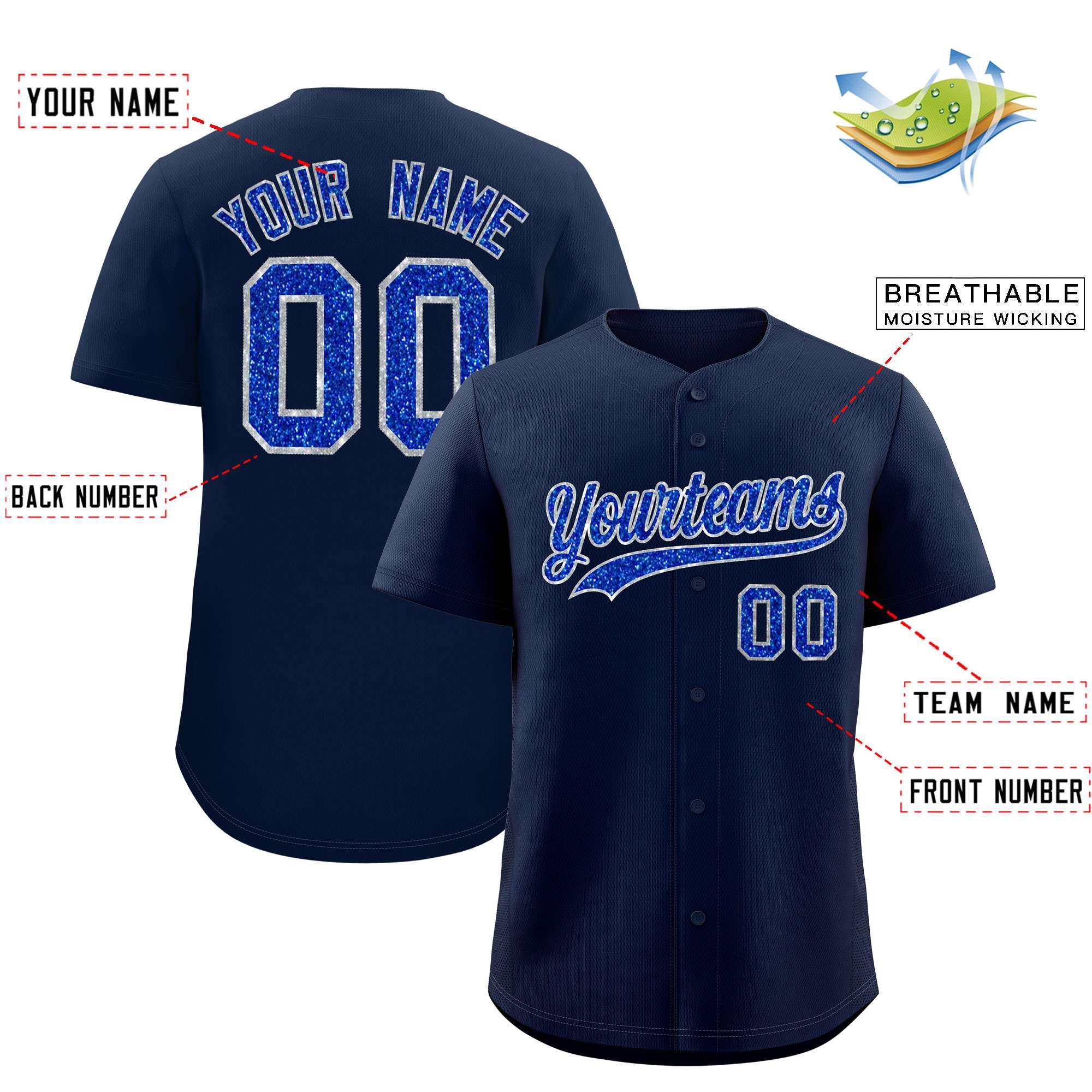 Custom Navy Fine Sparkle Personalized Baseball Sports Uniform