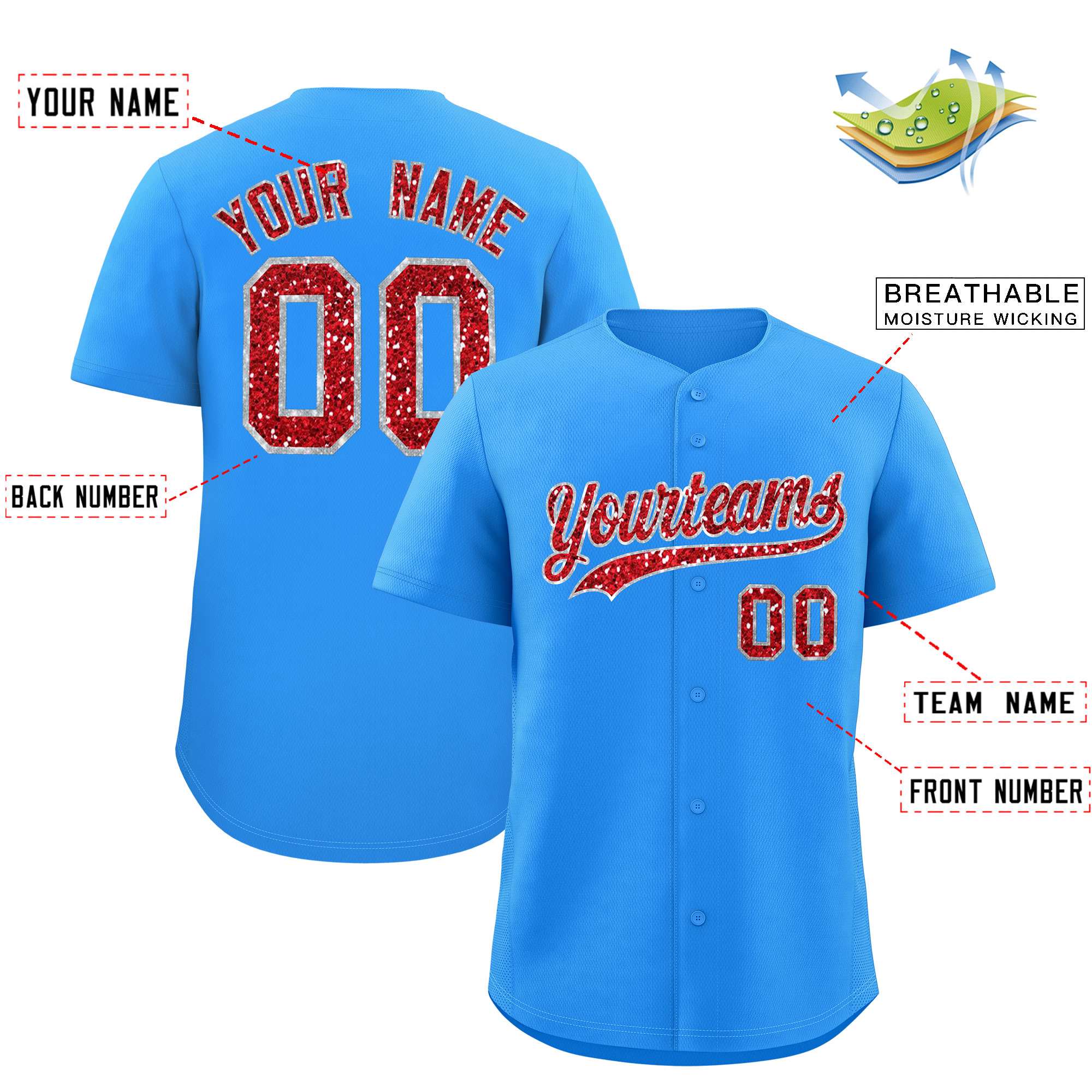 Custom Powder Blue Fine Sparkle Personalized Baseball Sports Uniform