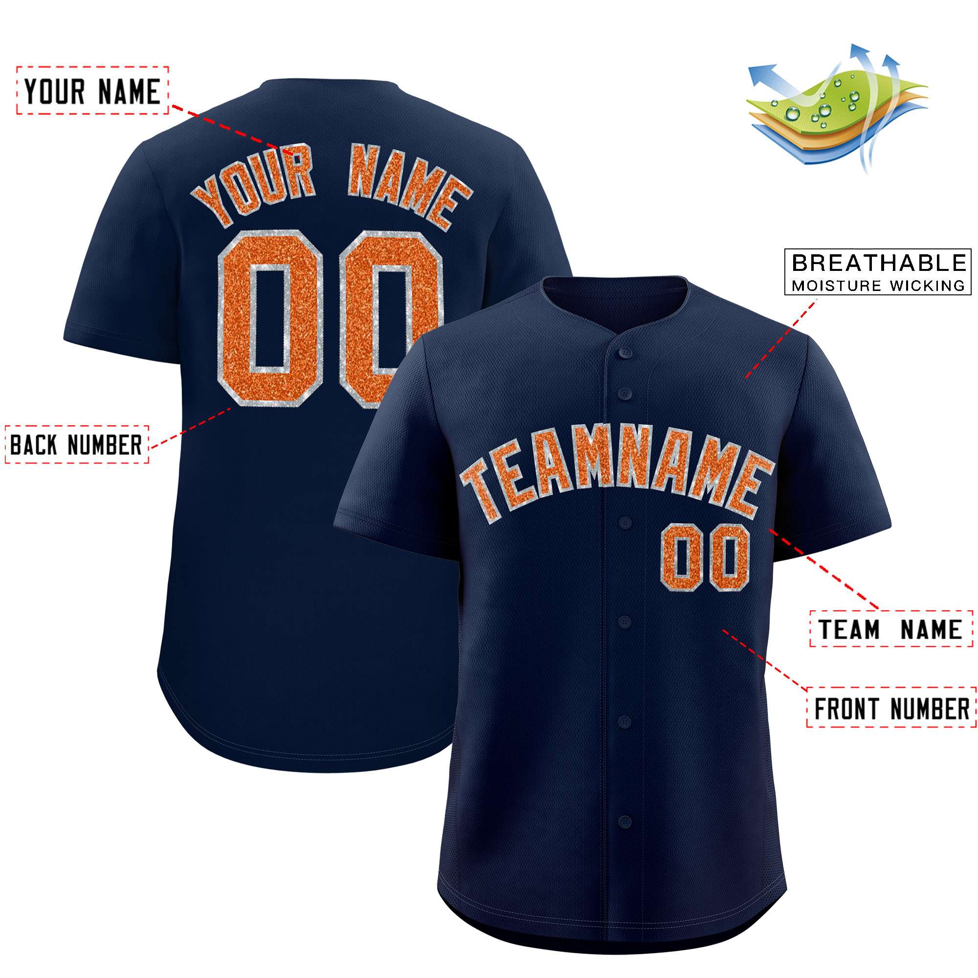 Custom Navy Fine Sparkle Personalized Baseball Sports Uniform