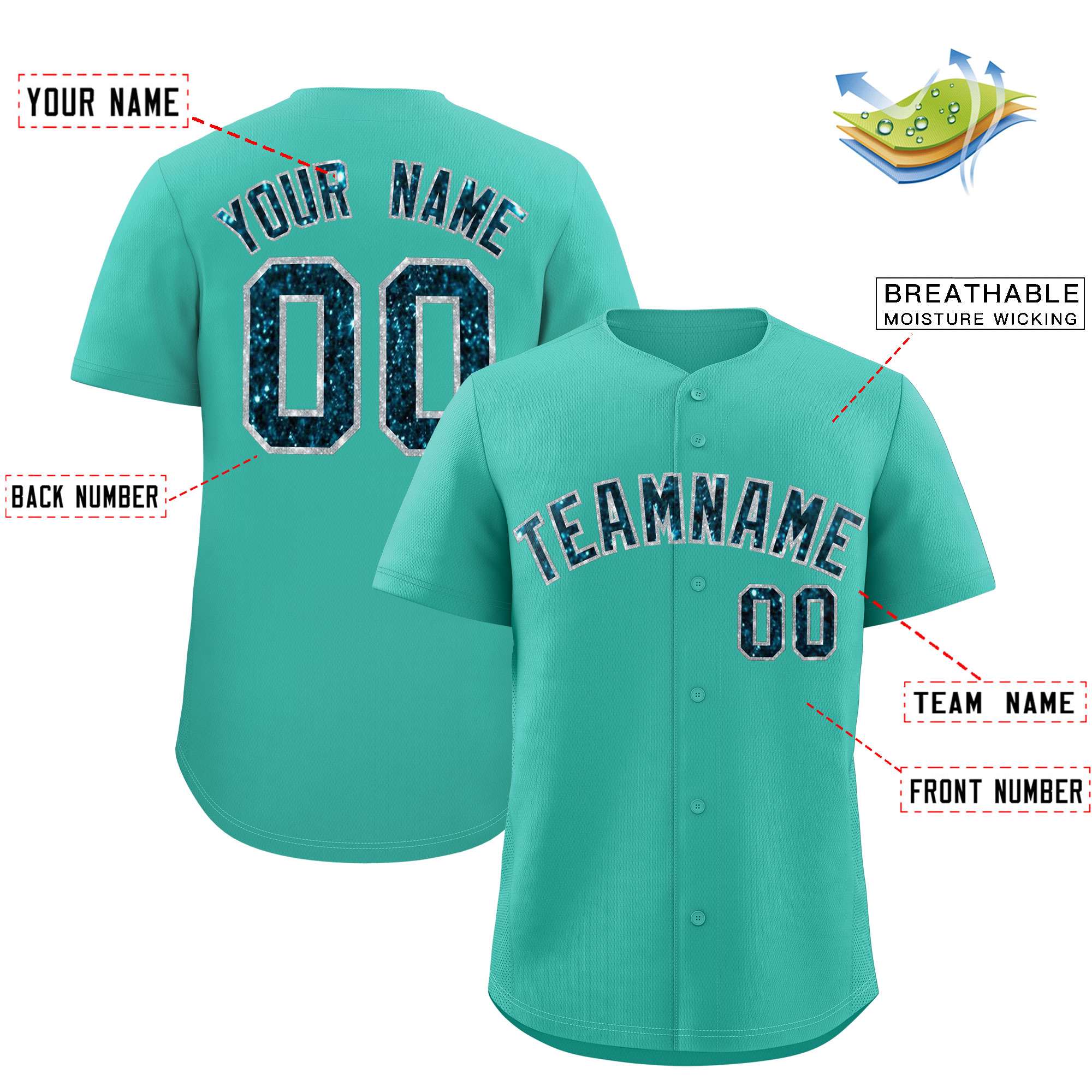 Custom Aqua Fine Sparkle Personalized Baseball Sports Uniform